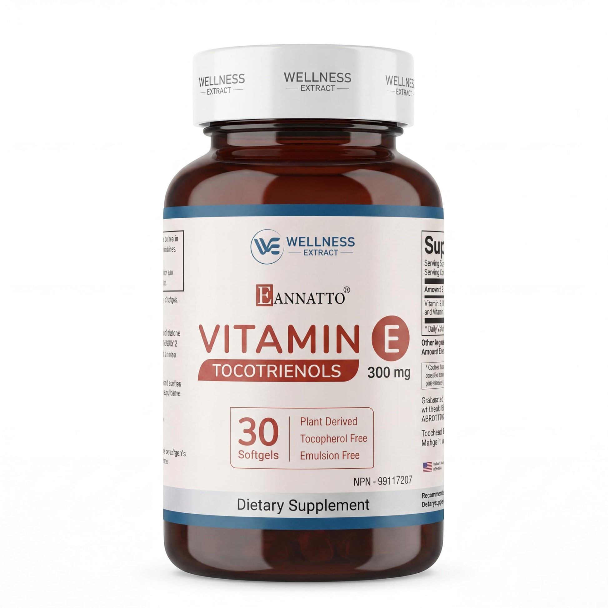 WELLNESS EXTRACT Eannatto Tocotrienols Vitamin E Supplements Tocopherol Free, Non-GMO, Gluten Free & Antioxidant 30 Softgels