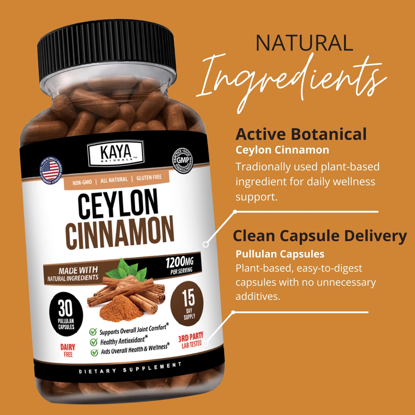 Kaya Naturals Organic Ceylon Cinnamon Supplement Capsule, 30 Count