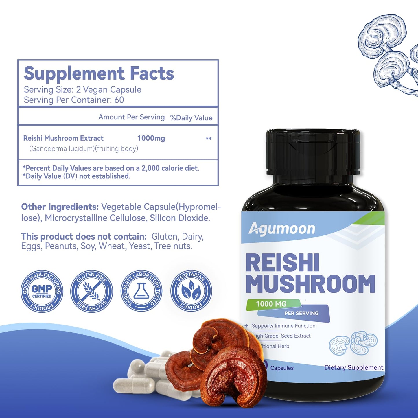 Agumoon Reishi Mushroom Capsules, 120 Count