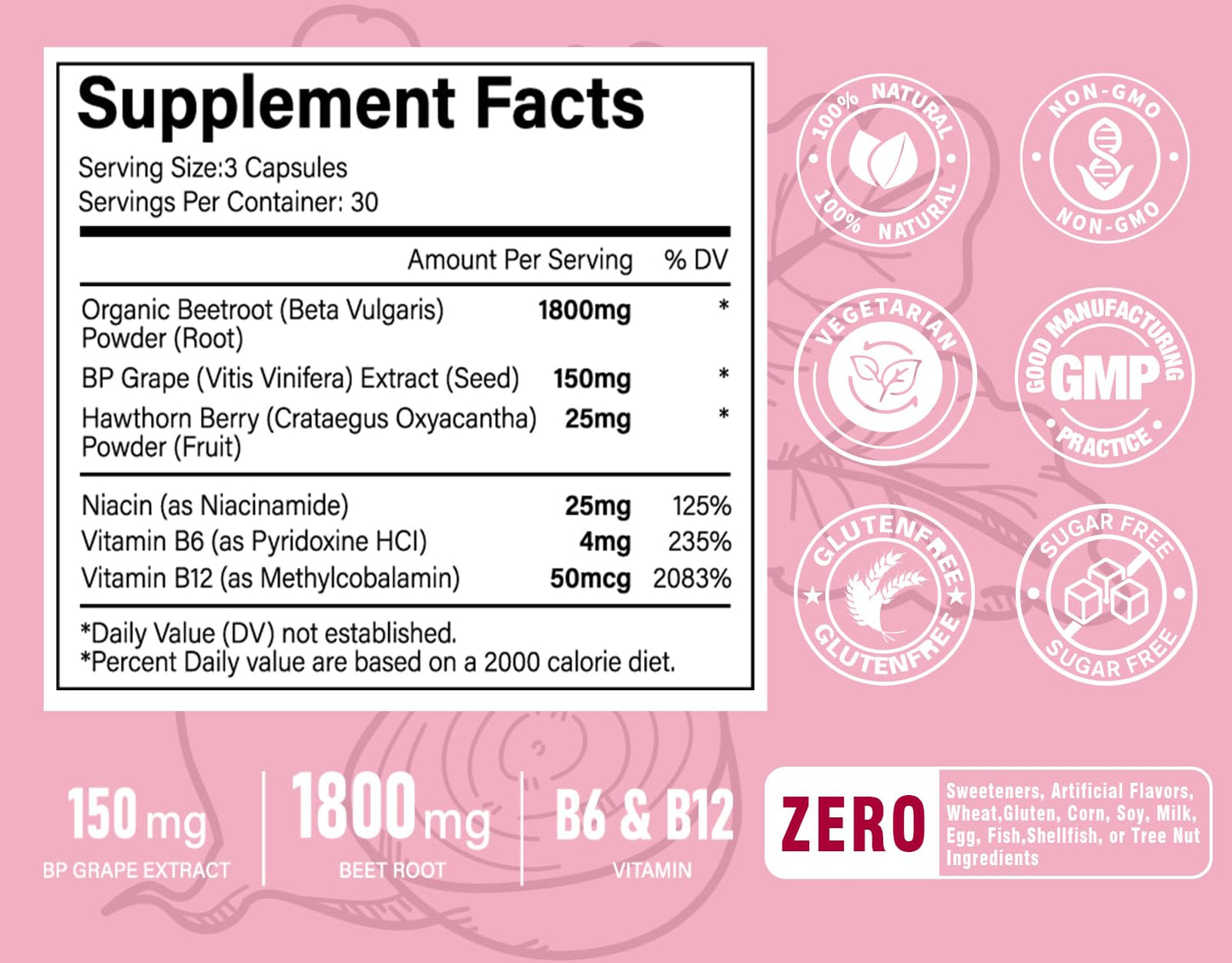Zhibenon Beet Root Capsules 1800mg Beetroot 20:1 Extract with Grape Seed Hawthorn, 90 Count