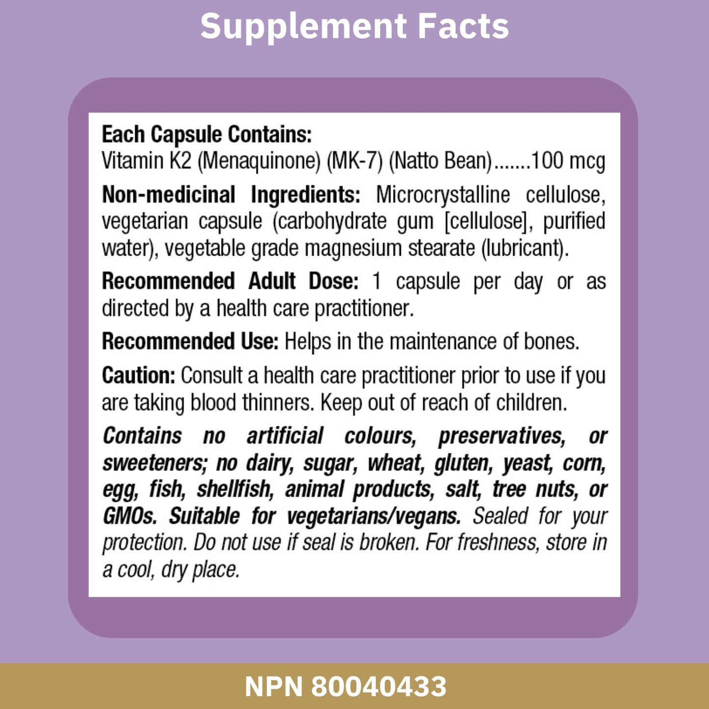 Bioclinic Naturals Vitamin K2 100 mcg Capsules, 90 Count