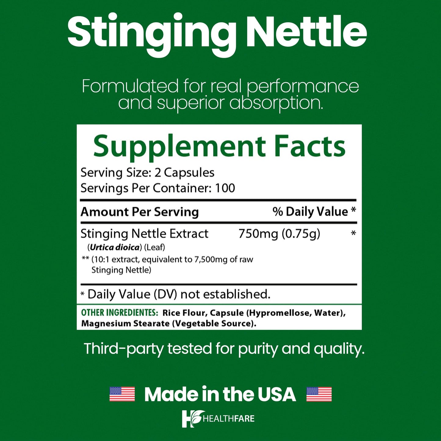 Healthfare Stinging Nettle Root Extract Capsules 200 Count