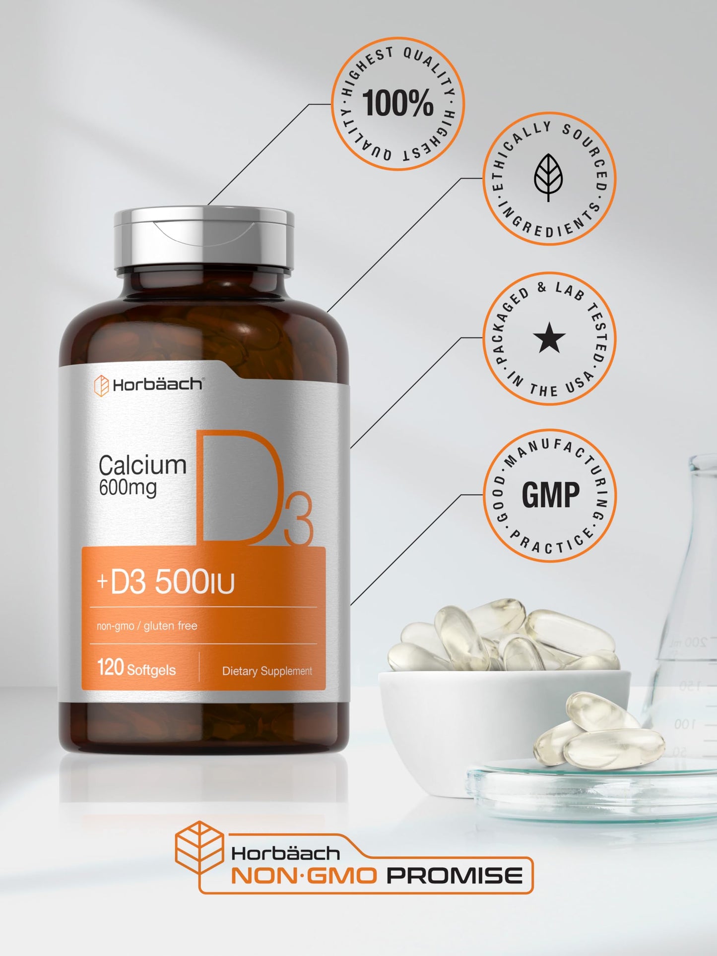 Horbäach Calcium Supplement with Vitamin D3 600 mg Softgels, 120 Count