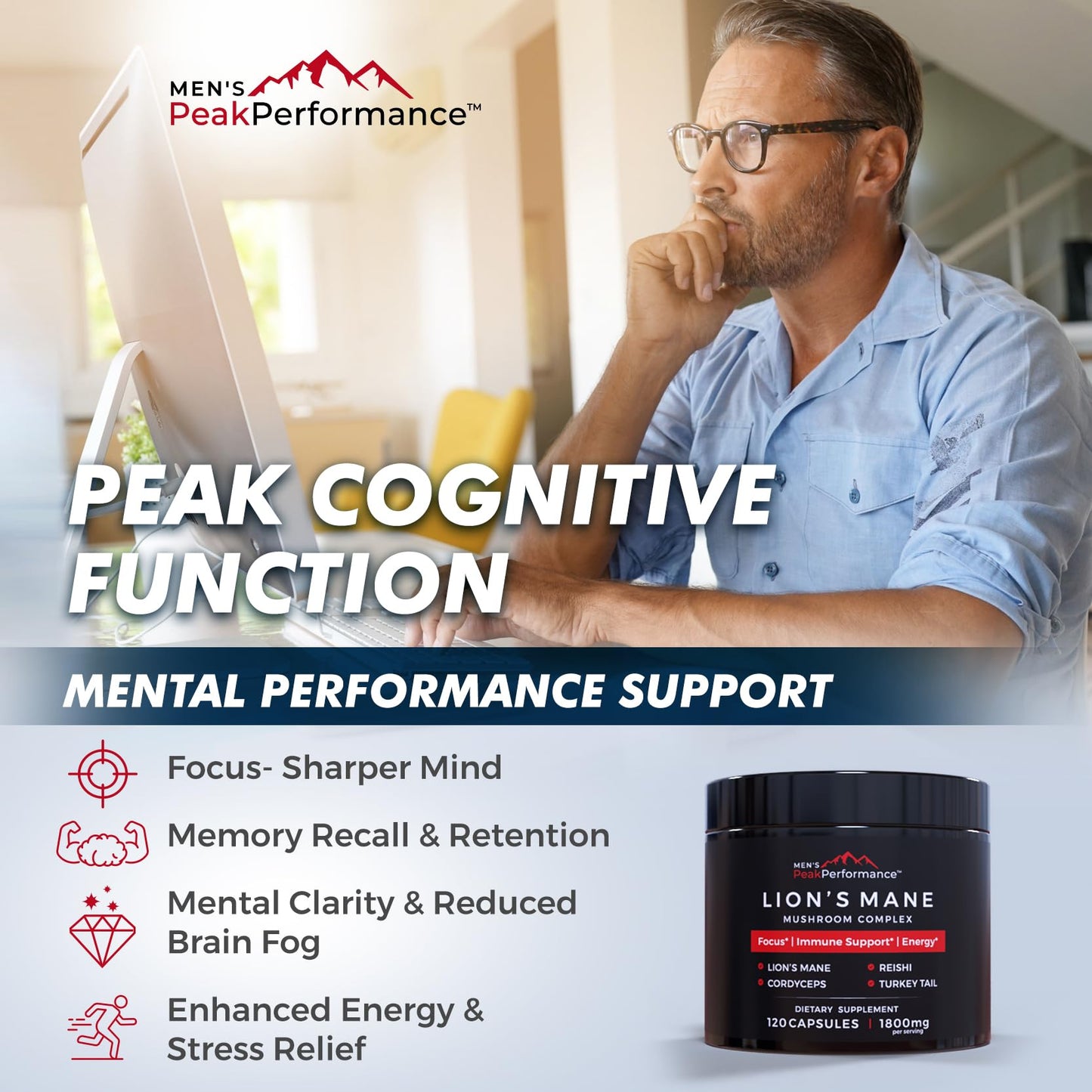 MEN'S PeakPerformance Lion's Mane Mushroom Supplement Capsules, 120 Capsules