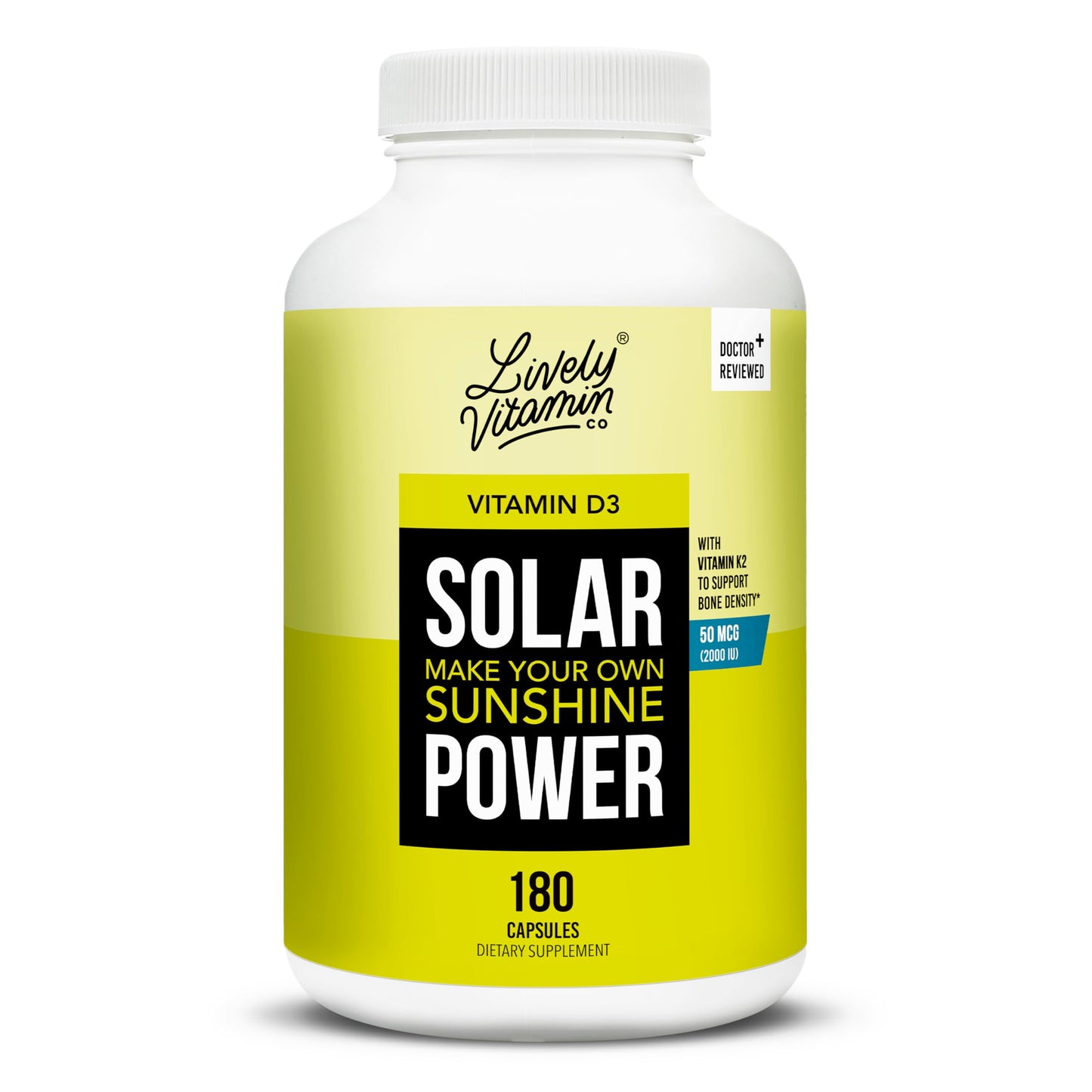 LIVELY VITAMIN CO Solar Power Vitamin D3 2000 iu - Patented Vitamin K - MK7 - Immune Balance - Brain Function - Mood - Heart - Stress Capsule, 180 Count
