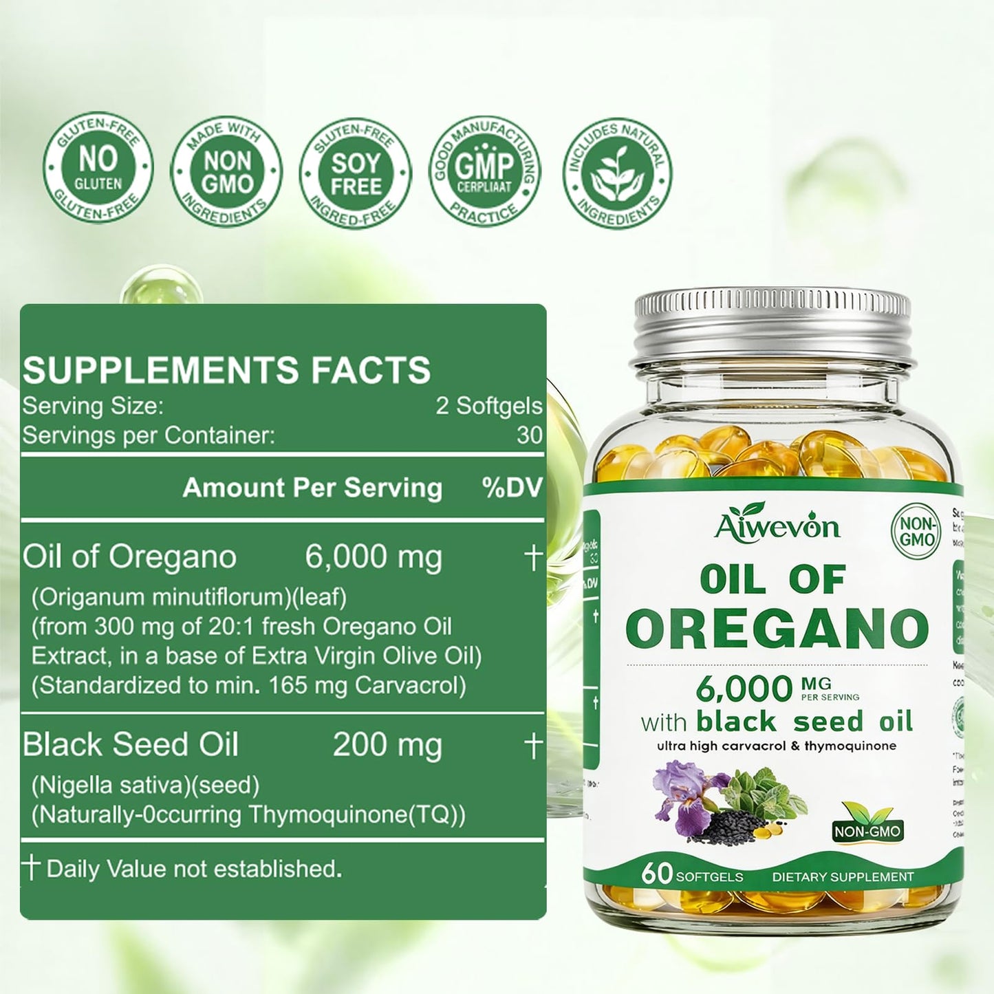 Aiwevon Oil of Oregano with Black Seed Oil, Carvacrol & Thymoquinone Softgels 60 Count