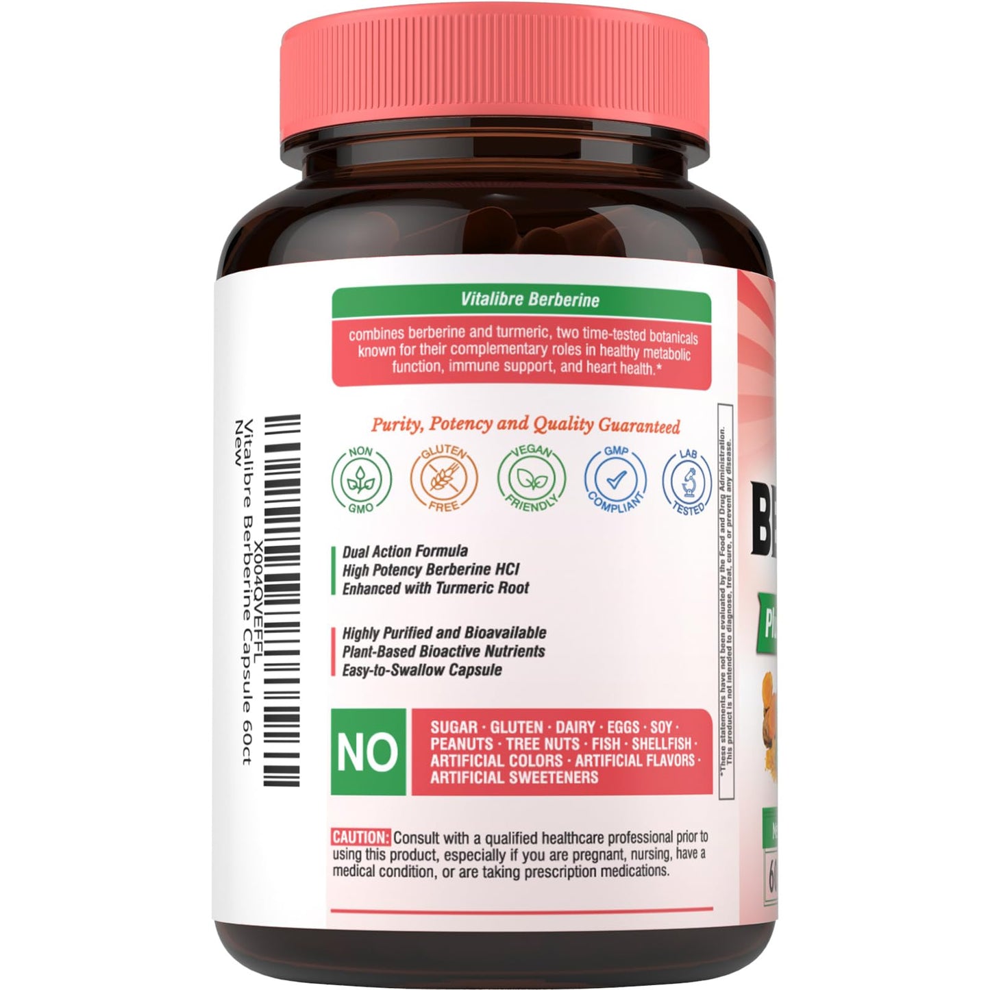 Vitalibre Berberine Supplement with Turmeric Root, 97% High Potency Berberine HCl, Capsules, 60 Count