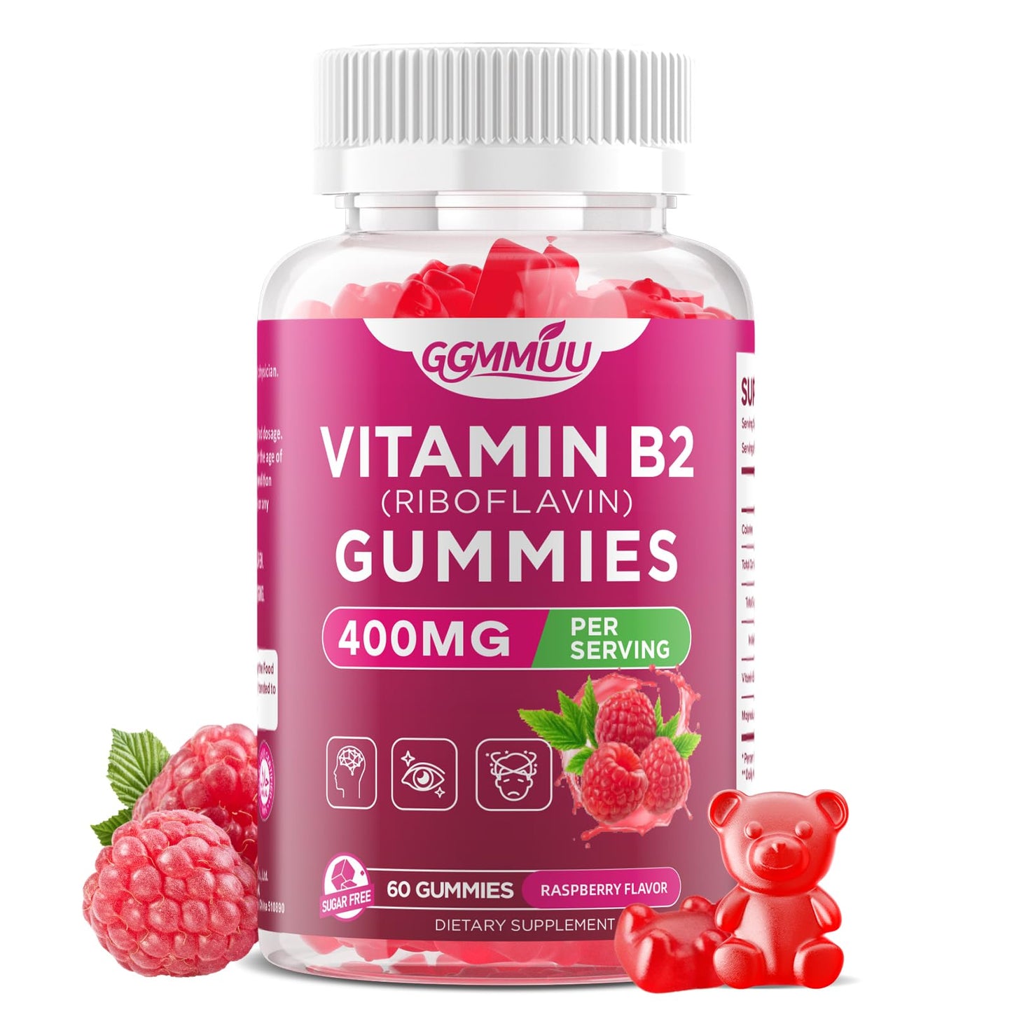 GGMMUU Vitamin B2 Gummies Riboflavin 400mg Supplement with Magnesium for Kids & Adults B2 Gummies for Nervous System Support & Skin Health, Sugar-Free Raspberry Flavor, 60 Count