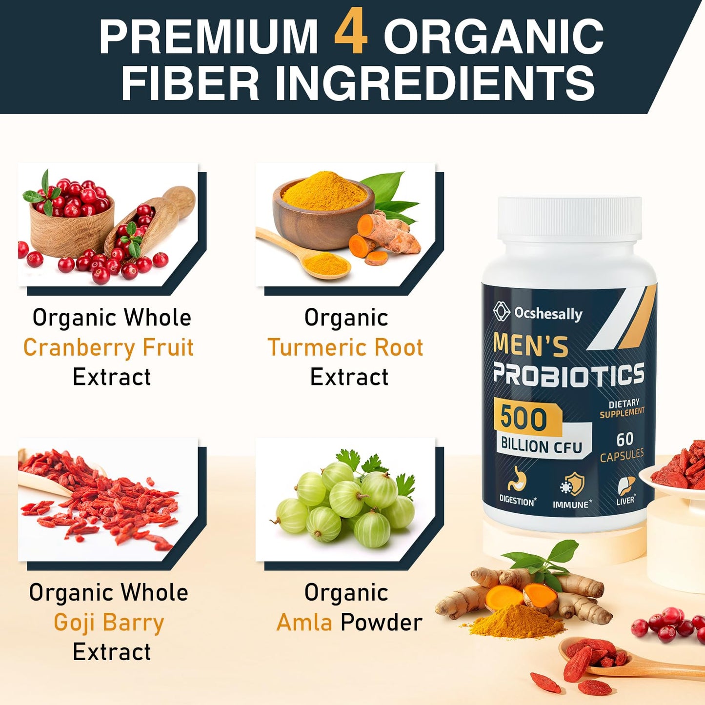 Ocshesally Probiotics for Men 500 Billion CFUs & 12 Strains with Turmeric, Cranberry, Goji, Digestive Health, Gut, Immune & Bloating, Prostate & Urinary Tract Health, 120 Capsules