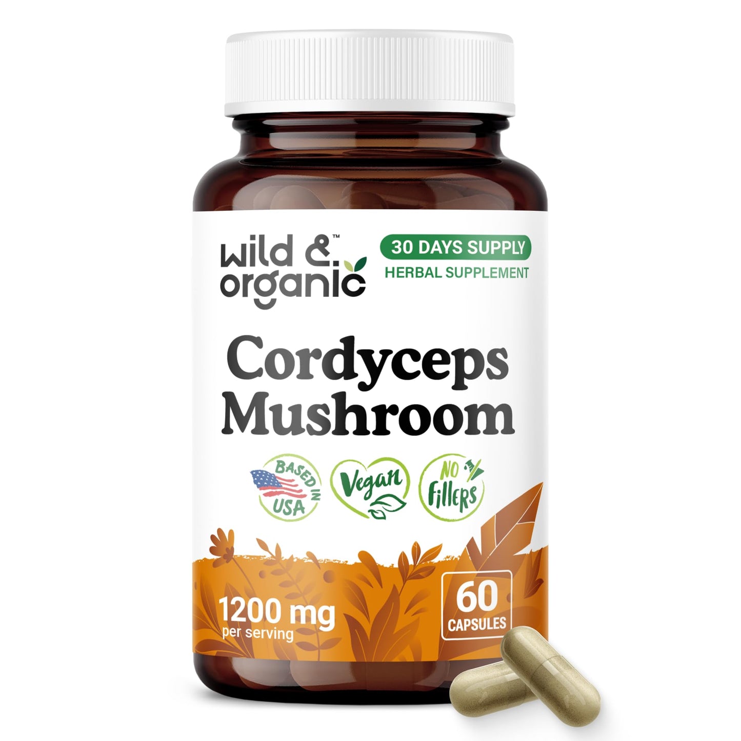 Wild & Organic Cordyceps Mushroom Capsule 1200 mg 60 Count