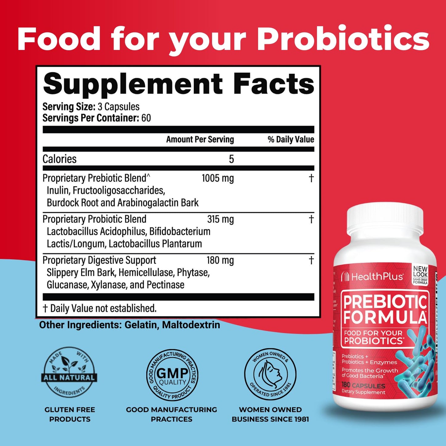 Health Plus Prebiotic Formula Probiotics + Prebiotics + Digestive Enzymes Capsules 180 Count
