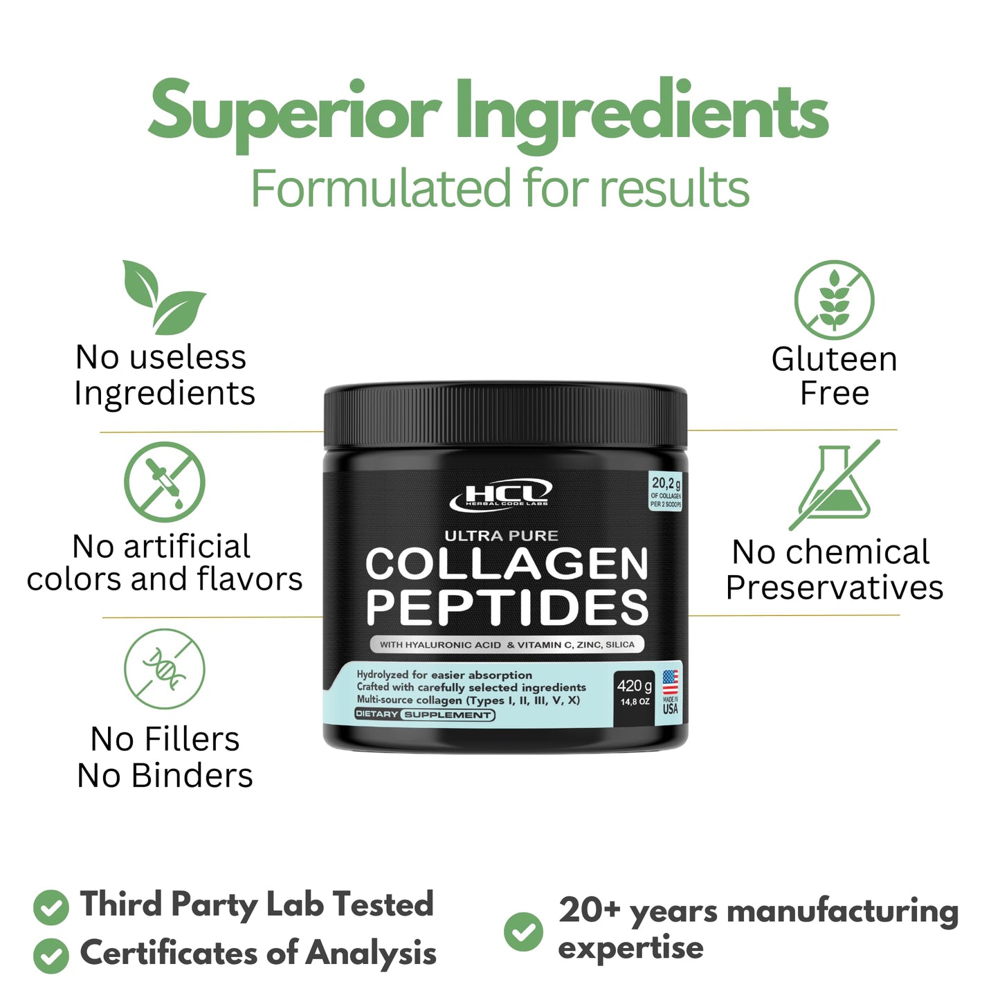 HCL Herbal Code Labs Collagen Peptides Powder with Vitamin C & Hyaluronic Acid 1 oz