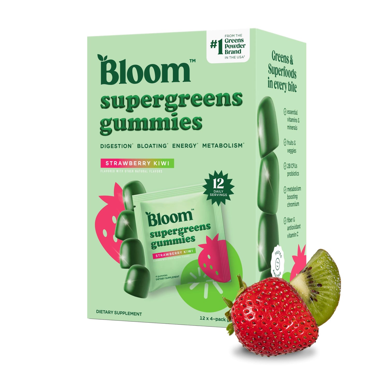 Bloom Nutrition Super Greens Gummies, Daily Greens Superfood Fiber Gummies with Fruits, Vegetables, Vitamins & Minerals for Digestive & Gut Health, Bloating Support, Strawberry Kiwi, 1 Count