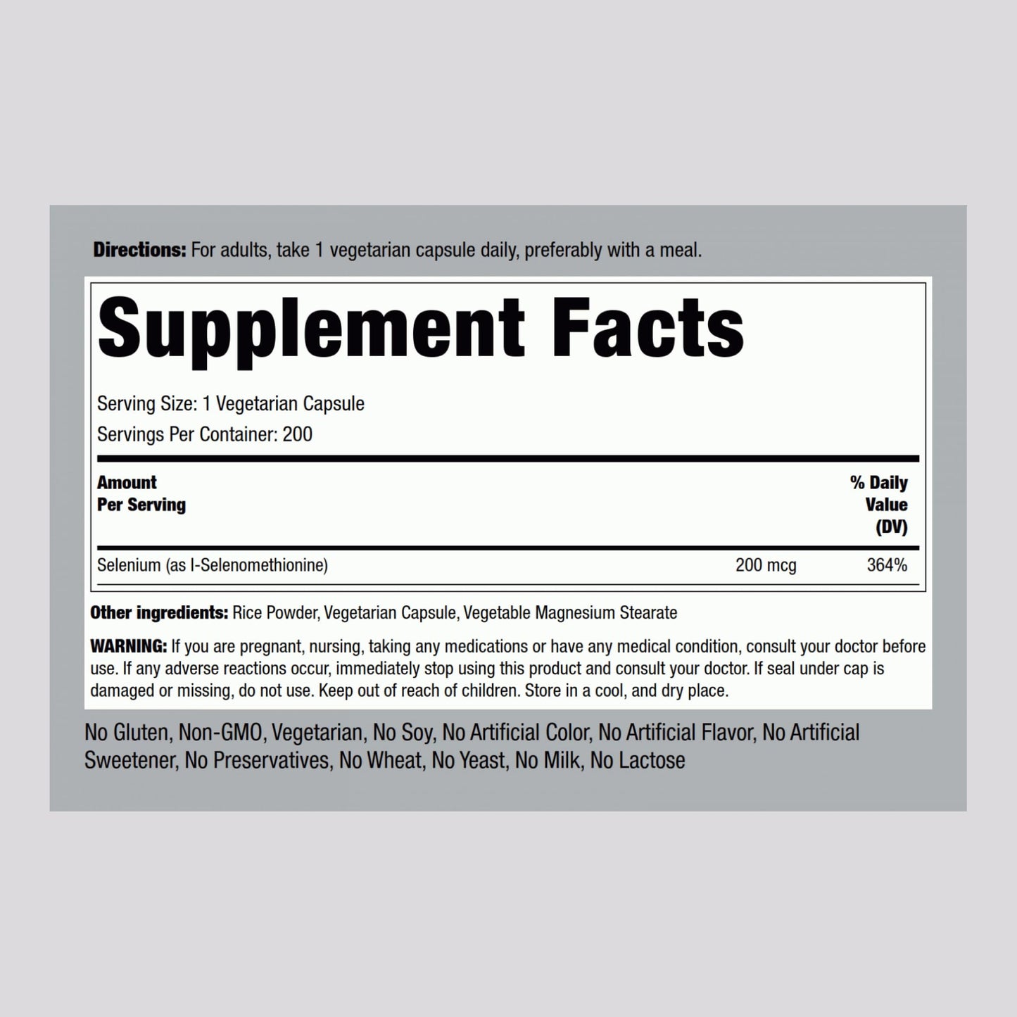 Piping Rock Yeast Free Selenium 200mcg Capsules, 200 Count