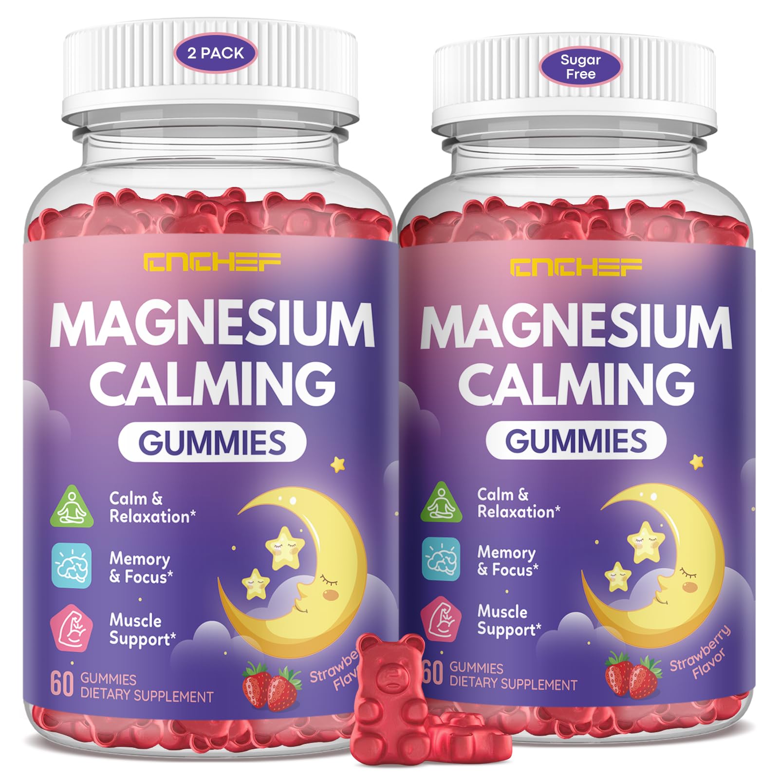 CNCHEF Magnesium Calming Gummies for Kids 4+ & Adults, Sugar Free Magnesium Supplement with L-Theanine, Chamomile, Vitamins B6, D3, K2, Zinc, 120 Count