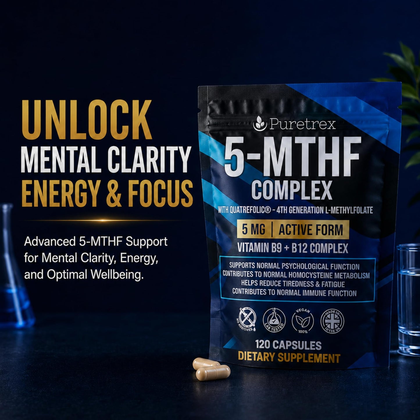 PURETREX 5-MTHF Complex Methylfolate 1mg with Quatrefolic, MTHFR Supplement, Active Folate B9 with Methyl B12 1mg, P-5-P B6, Riboflavin-5-Phosphate, Methylated B Complex, Vegan Capsule, 1 Count