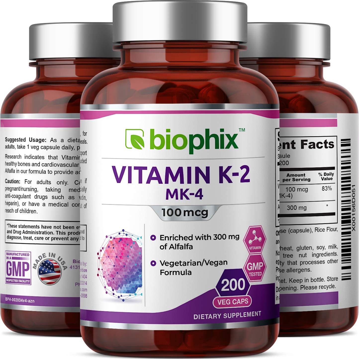 Biophix Vitamin K2 MK-4 100 mcg with Alfalfa Capsules, 200