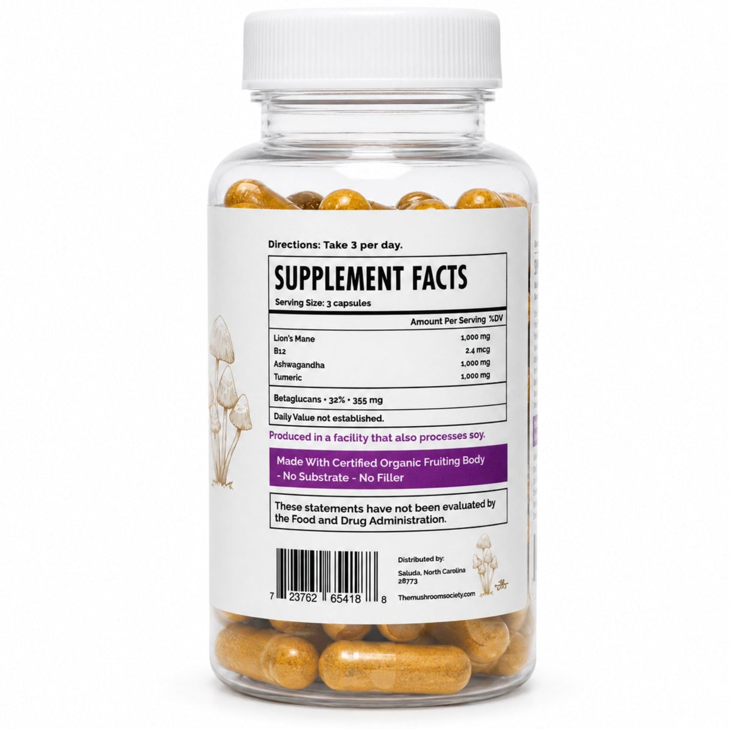 The Mushroom Society Morning Blend with Lion's Mane, Ashwagandha, Turmeric & Vitamin B12 Capsules, 60 Count