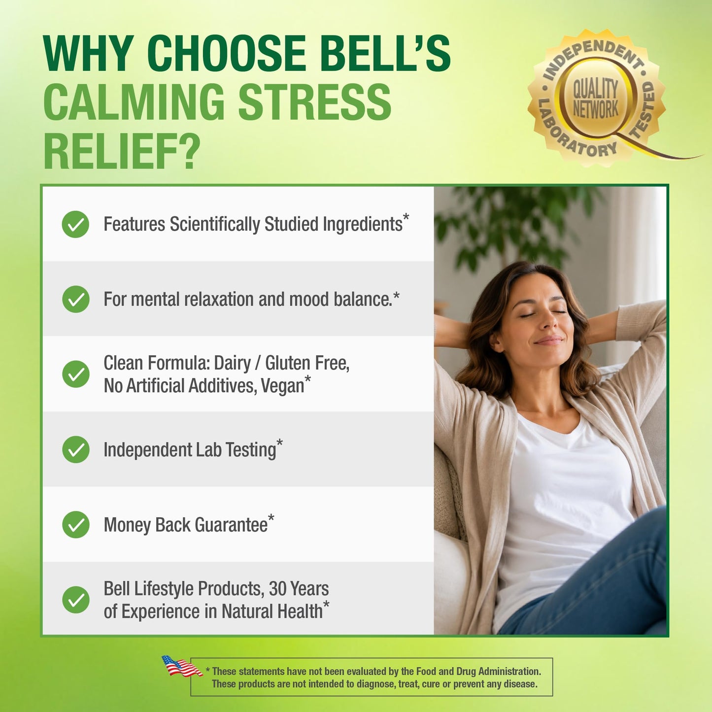Bell Lifestyle Calming Stress Relief Herbal Blend with 5-HTP & GABA for Stress Support and Relaxation, 60 Capsules