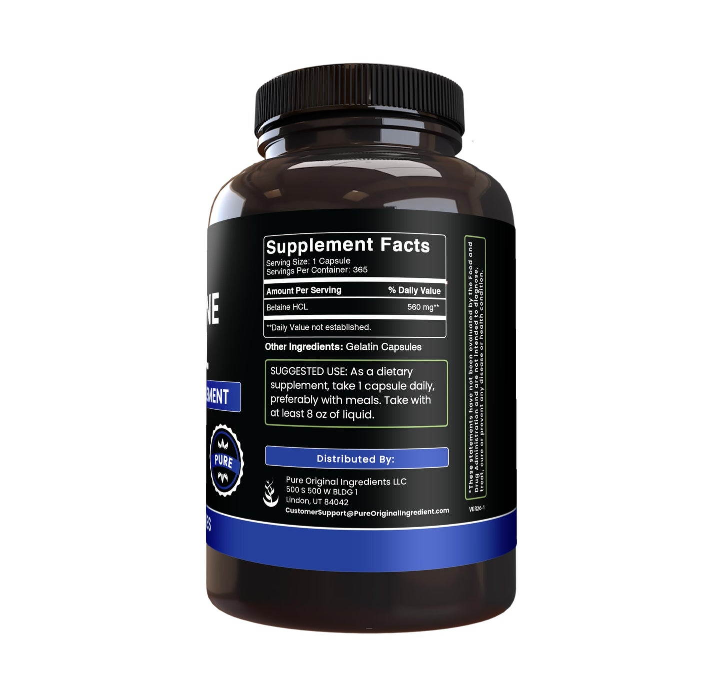 PURE ORIGINAL INGREDIENTS Betaine HCL Capsules 365