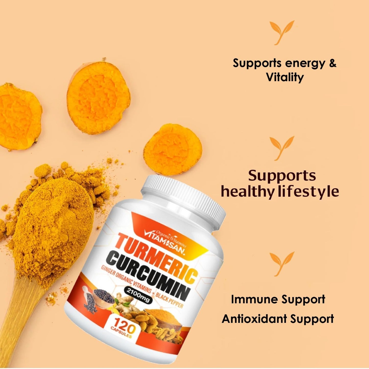 VITAMISAN Turmeric Curcumin 95% Curcuminoids with Ginger & Black Pepper 2100 mg, 120 Capsules