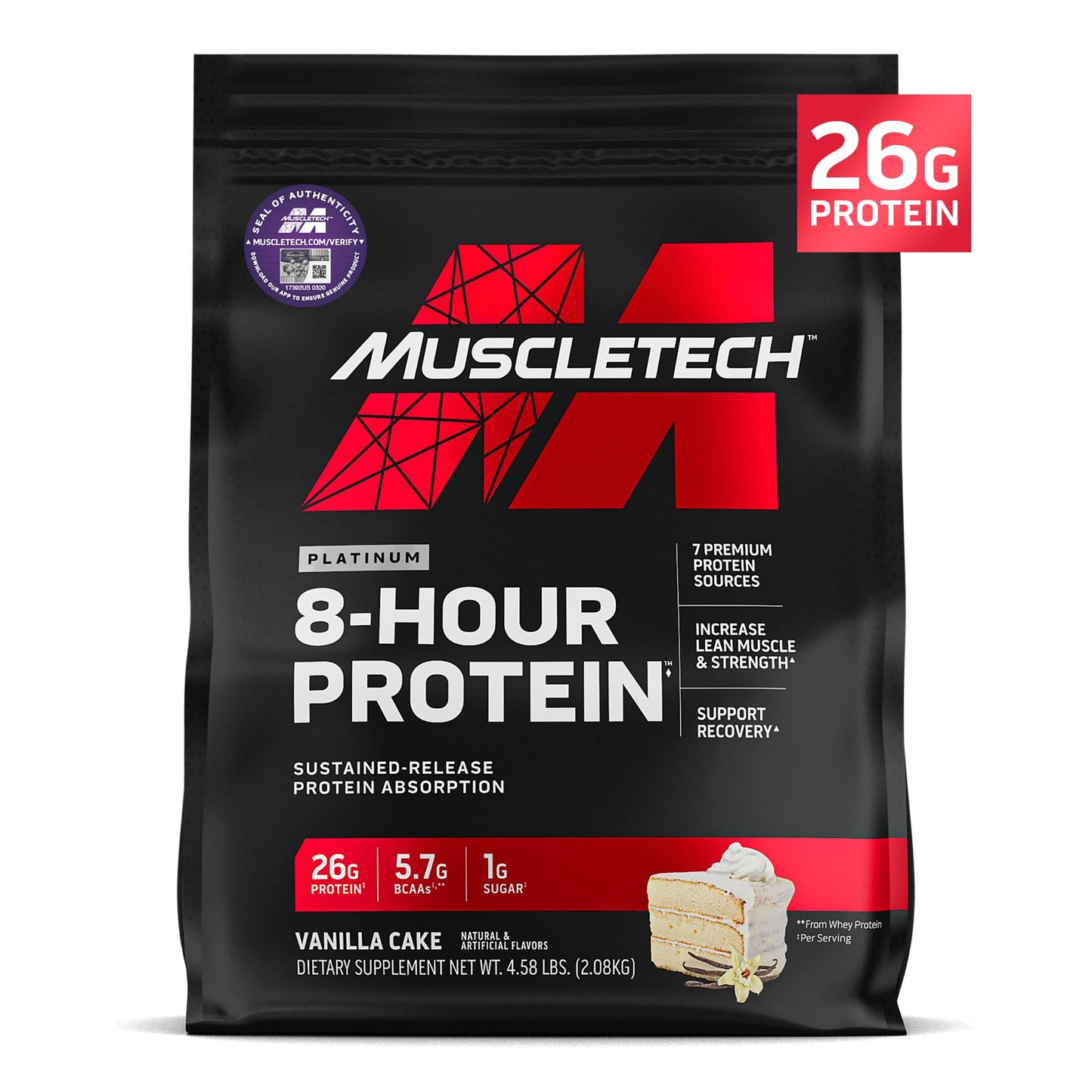 Muscletech Platinum 8-Hour Protein Powder Vanilla Cake, 74 Servings