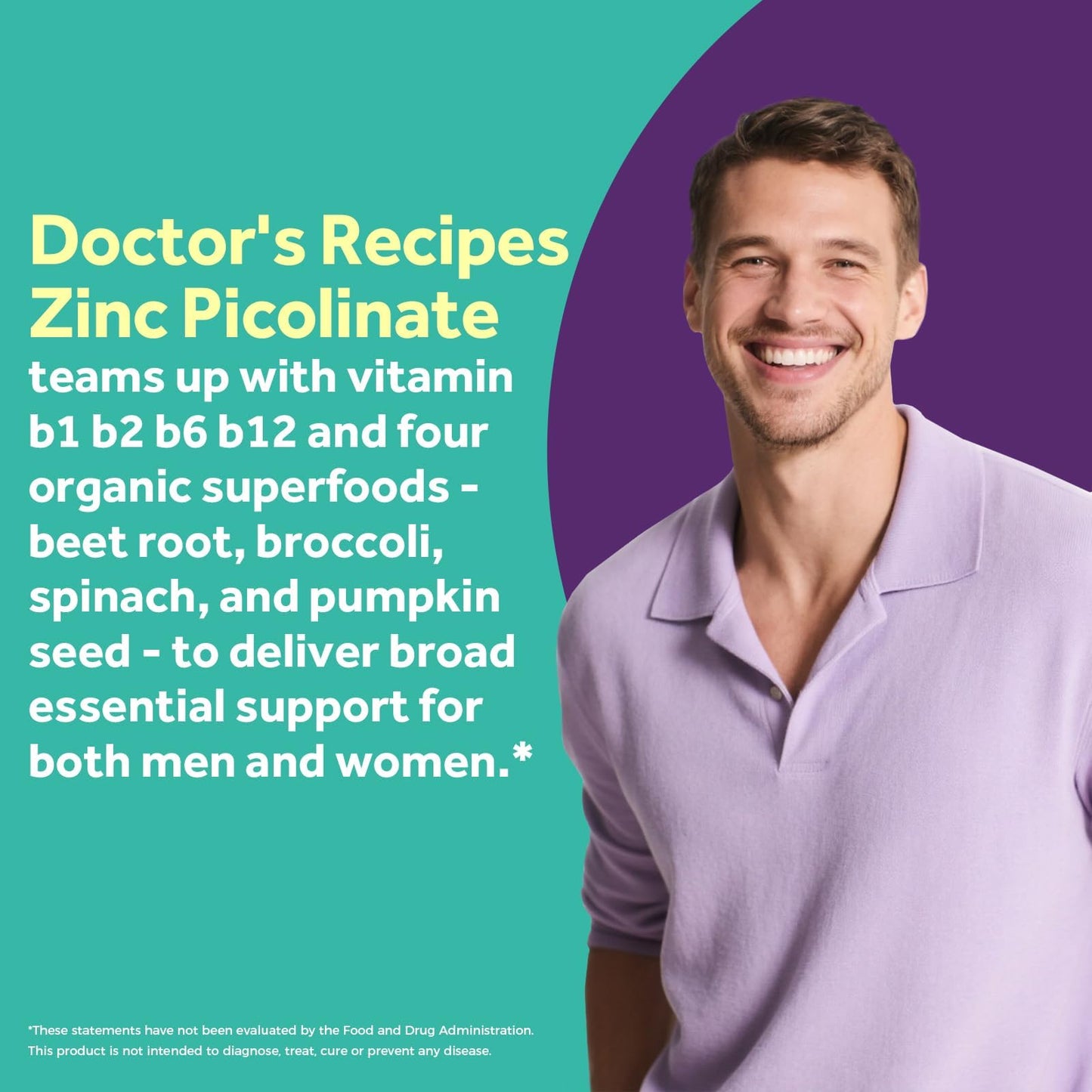 Doctor's Recipes Zinc Complex 50mg, Zinc Picolinate, Vitamin B Complex, Organic Spinach, Broccoli, Pumpkin Seed, Beet Root Powder, for Women & Men, Immunity, Vegan, 120 Capsules