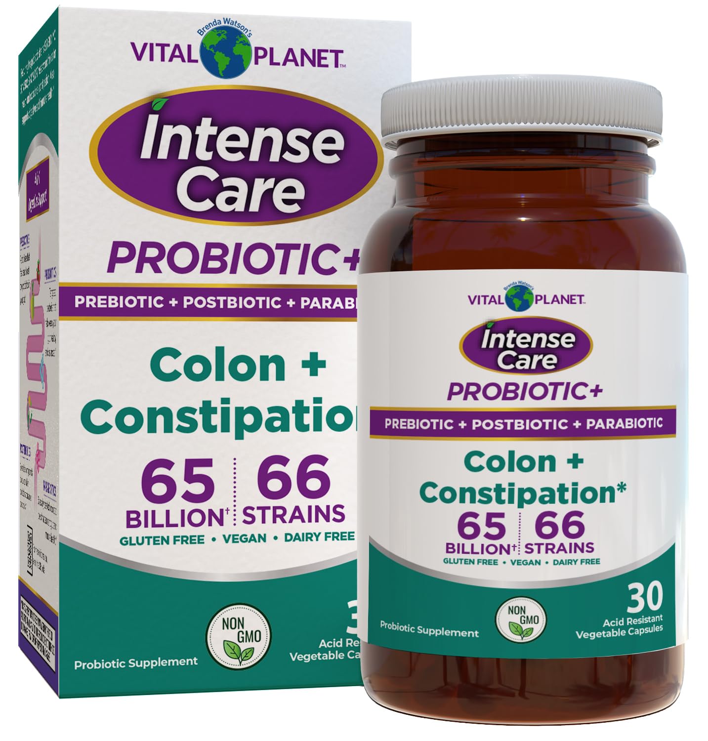 Vital Planet Intense Care Colon & Constipation Probiotics, Prebiotics, Postbiotics, Parabiotics, 4-in-1 Refrigerated Supplement for Adults, 65 Billion CFU, 66 Strains, Digestive and Immune, 30 Capsules