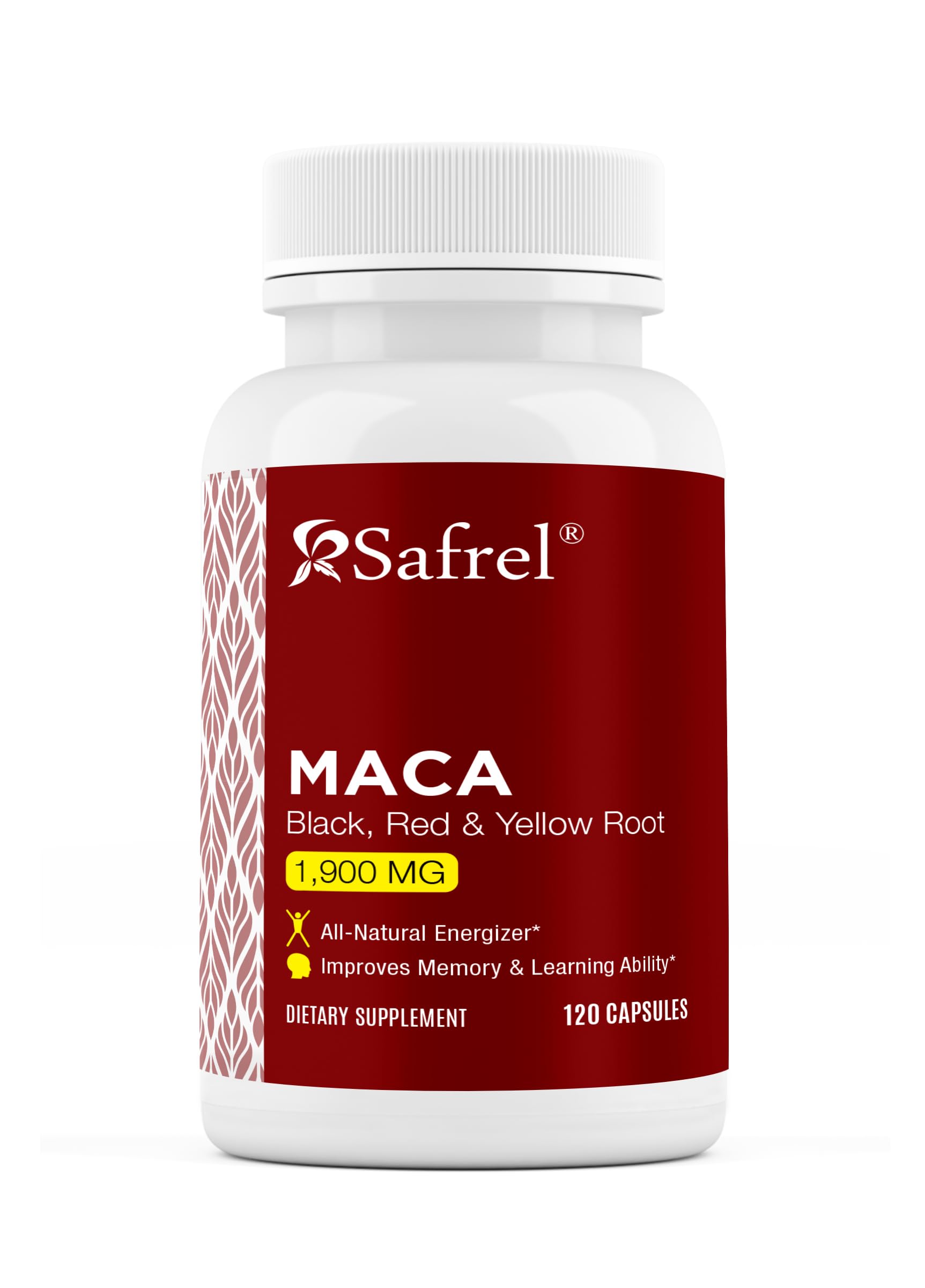 Safrel Organic Maca Root (Black, Red, Yellow) 1900 mg per Serving, Non-GMO, 120 Capsules
