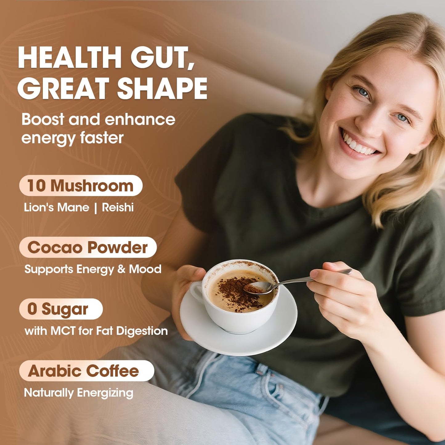 B BEWORTHS Mushroom Coffee with MCT Oil 10-Mushroom Blend (Lion's Mane, Turkey Tail, Reishi, Cordyceps & Chaga) Instant Arabica Coffee for Focus, Immune, Gut & Brain Health, Keto Powder 8.46 oz