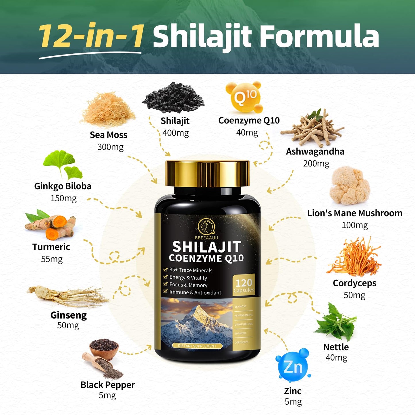 BBEEAAUU Shilajit for Men, Sea Moss and Shilajit Bundle All in 1 Supplements with Coenzyme Q10, Black Seed, Ashwagandha, Taurine, Burdock for Energy, Endurance, Antioxidant & Immune Support, 240 Capsules