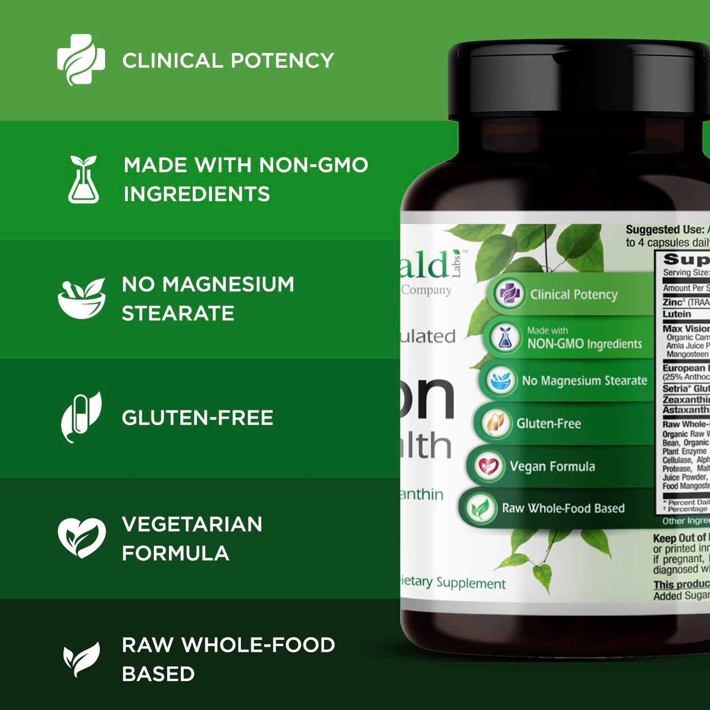 Emerald Labs Vision Health - Premium Eye Health Supplement with Lutein, Zeaxanthin & Albion Chelated Zinc, Capsules, 60 Count