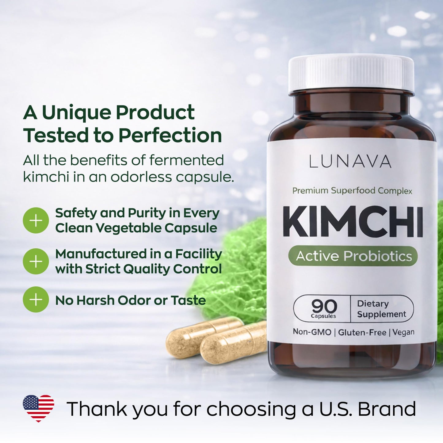 LUNAVA Kimchi Capsules with Prebiotics & Probiotics, Fermented Kimchi Superfood for Digestive & Immune Support, 90 Capsules