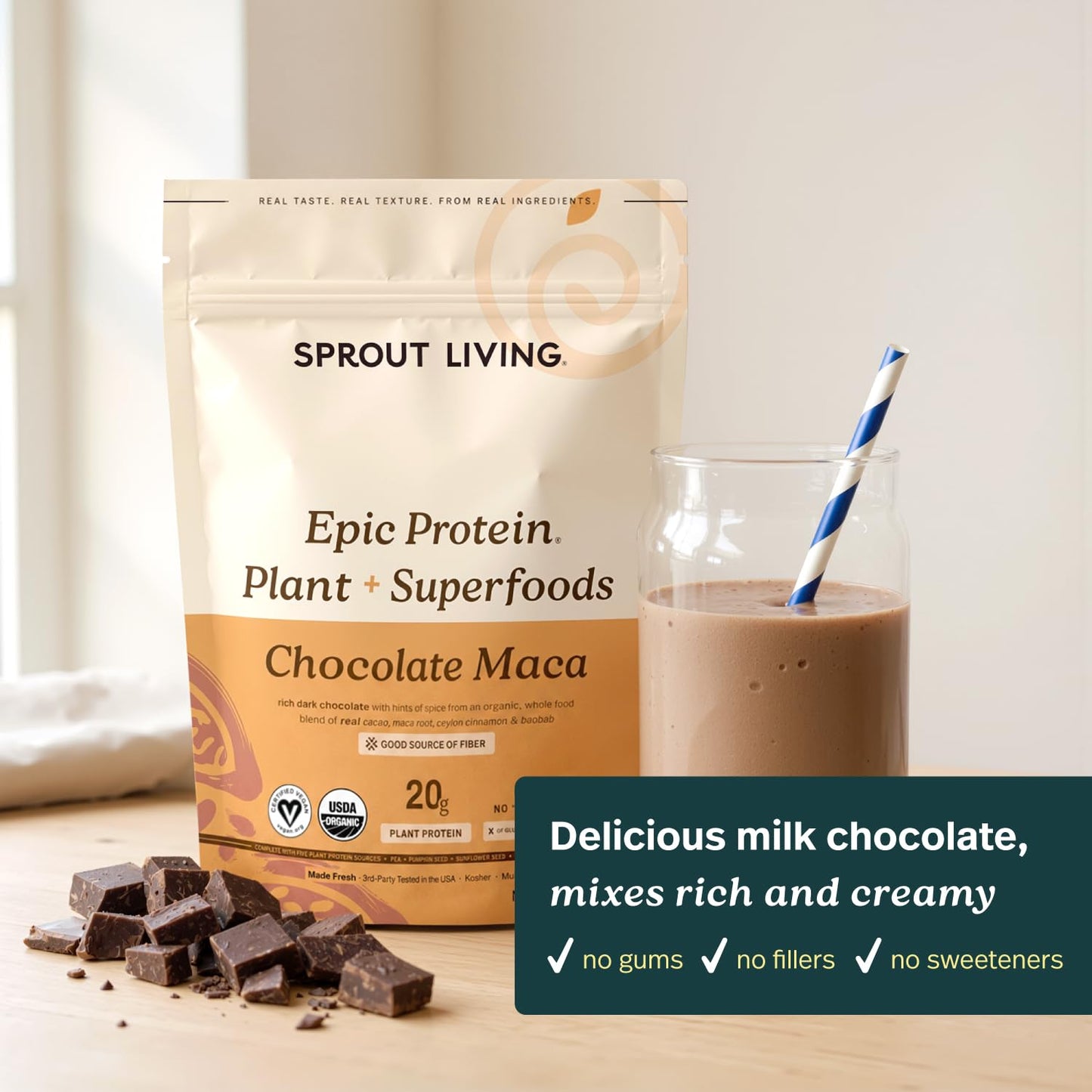 Sprout Living Epic Protein Plant Based Protein & Superfoods Powder Chocolate Maca, 16 Servings