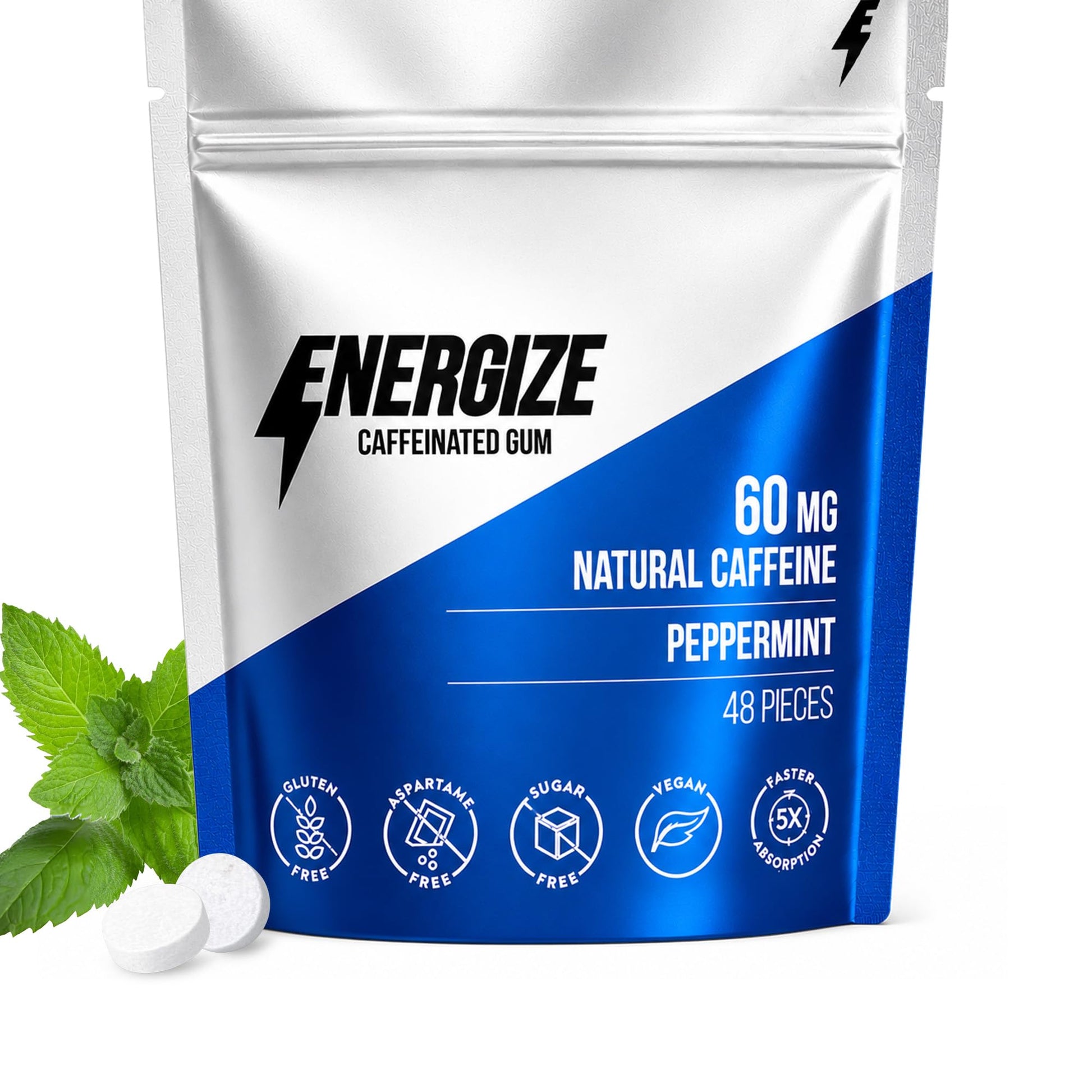 ENERGIZE Peppermint Caffeine Gum Chewable 48 Count