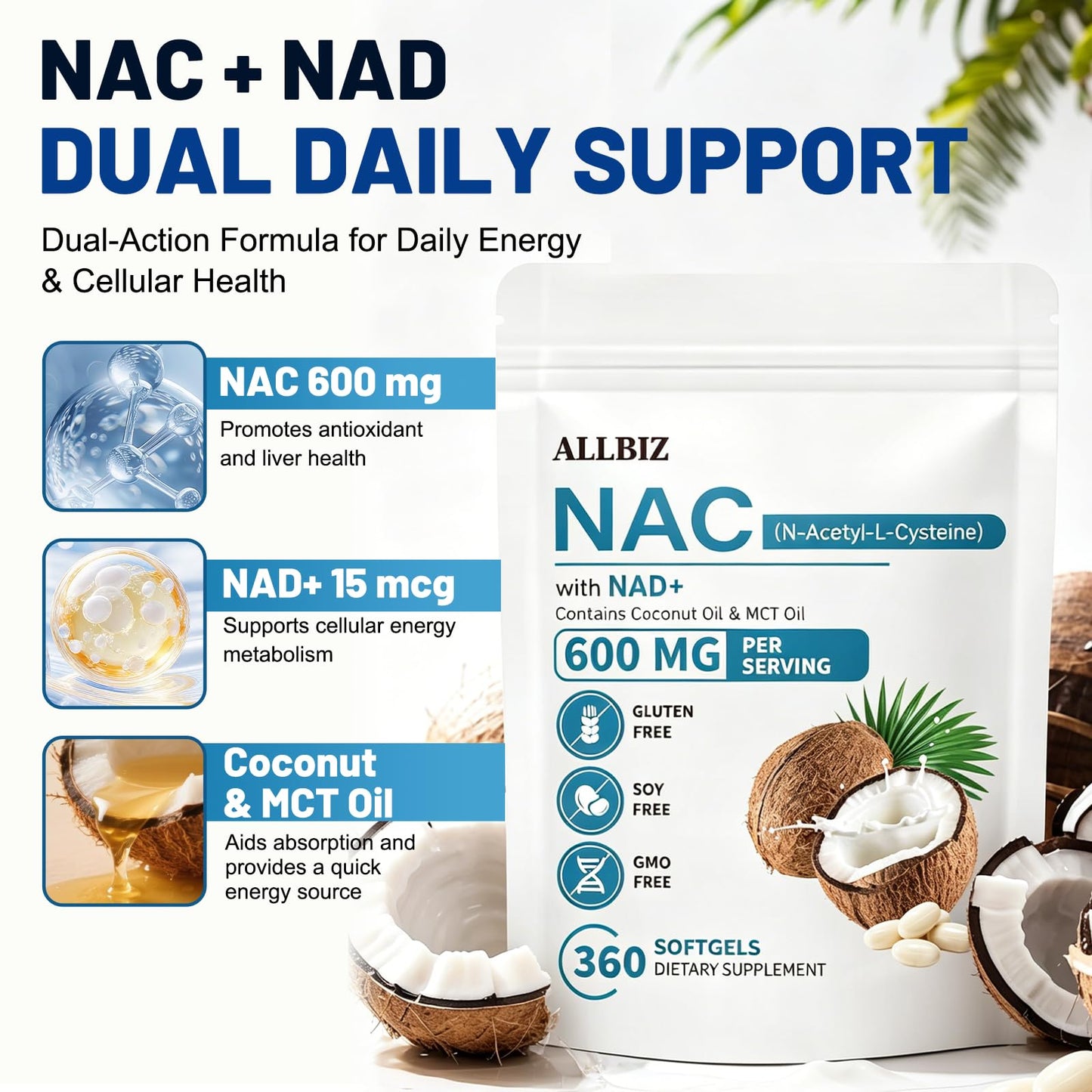 ALLBIZ NAC 600mg with NAD+ & MCT Oil Softgels, 360 Count