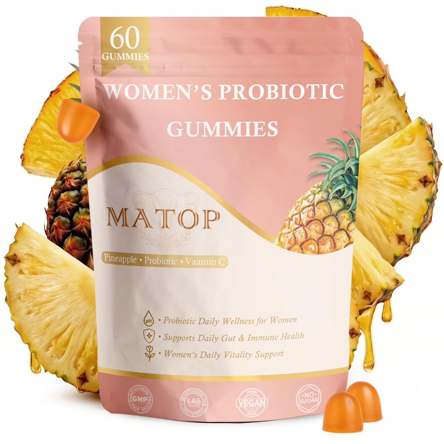 MATOP Women’s Probiotic Pineapple Gummies – Gut Health & pH Balance Daily Digestive Feminine Wellness, Vegan Sugar-Free, 60 Count