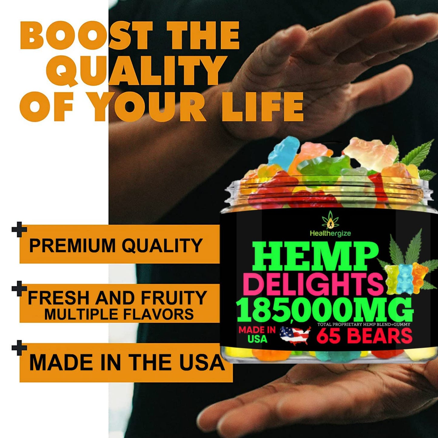 Healthergize Hemp Gummies Bears for Sleep & Relax - Hempseed Oil Gummy Bear, Fresh Fruity Edibles, Made in USA, 11
