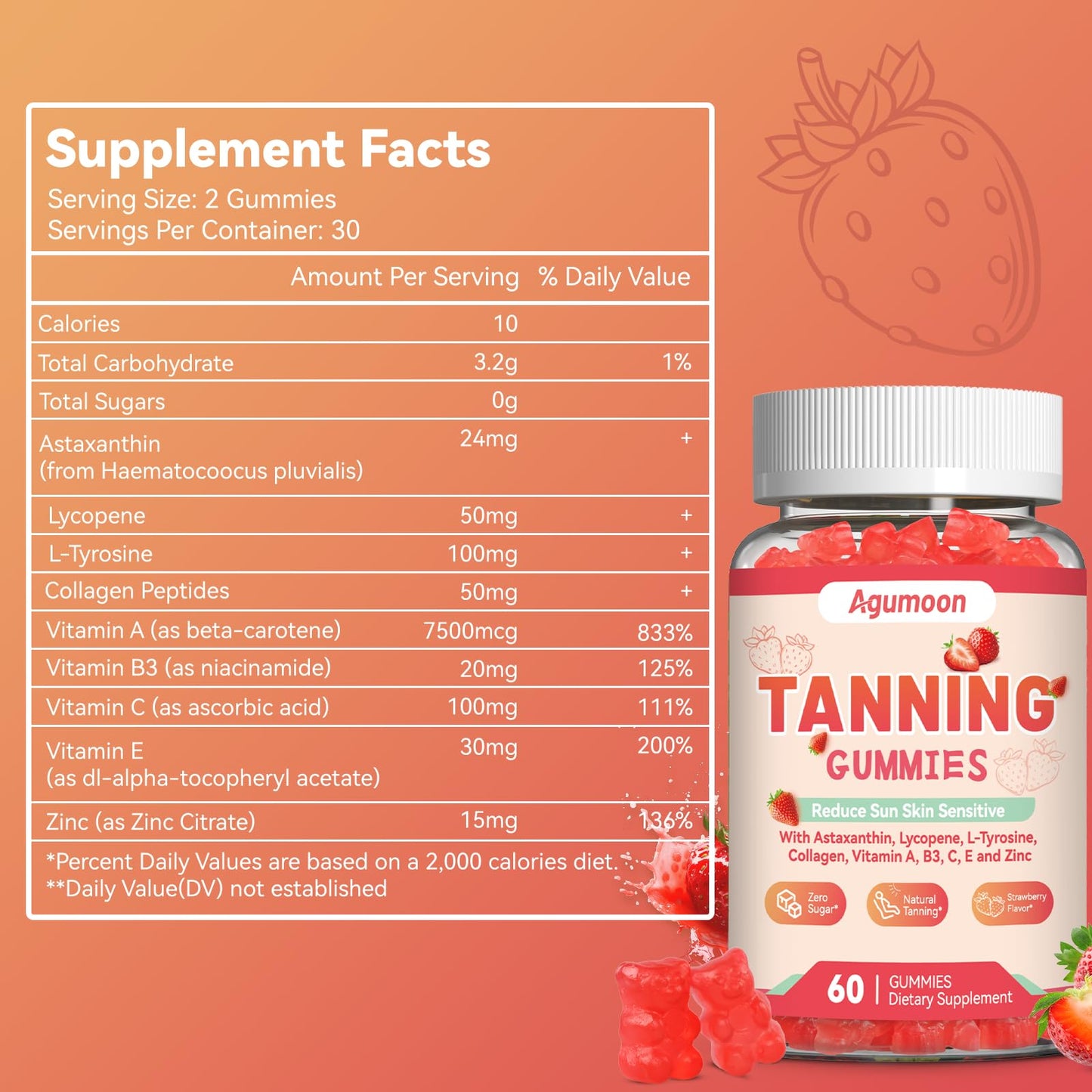 Agumoon Tanning Gummies for Women and Men, Self Tan Supplement with Beta Carotene, Lycopene, Astaxanthin, Collagen & Vitamins, for Skin Health & Pigmentation, Vegan, 120 Gummies
