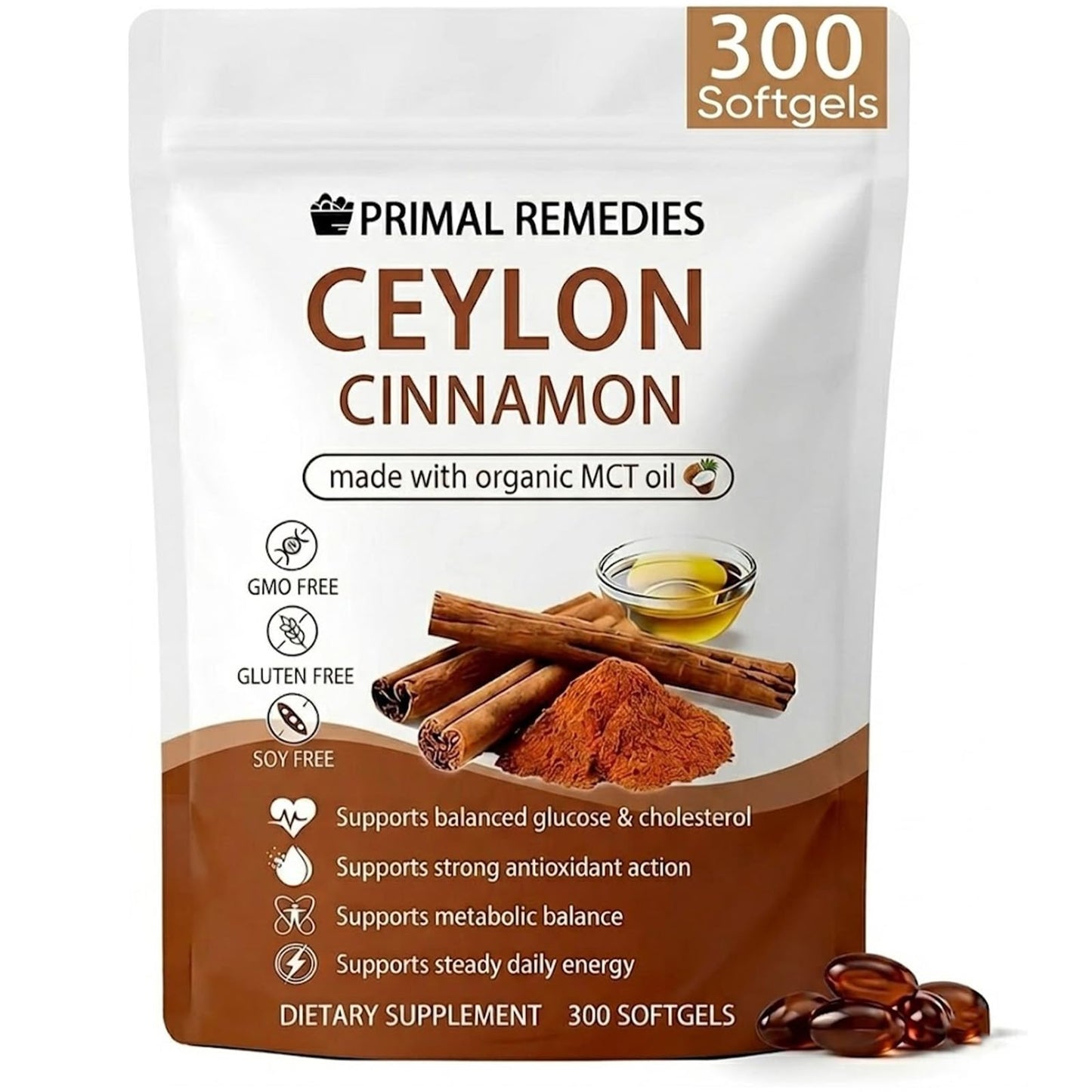 PynkLily Primal Remedies Ceylon Cinnamon Capsules with MCT Oil, 300 Capsules