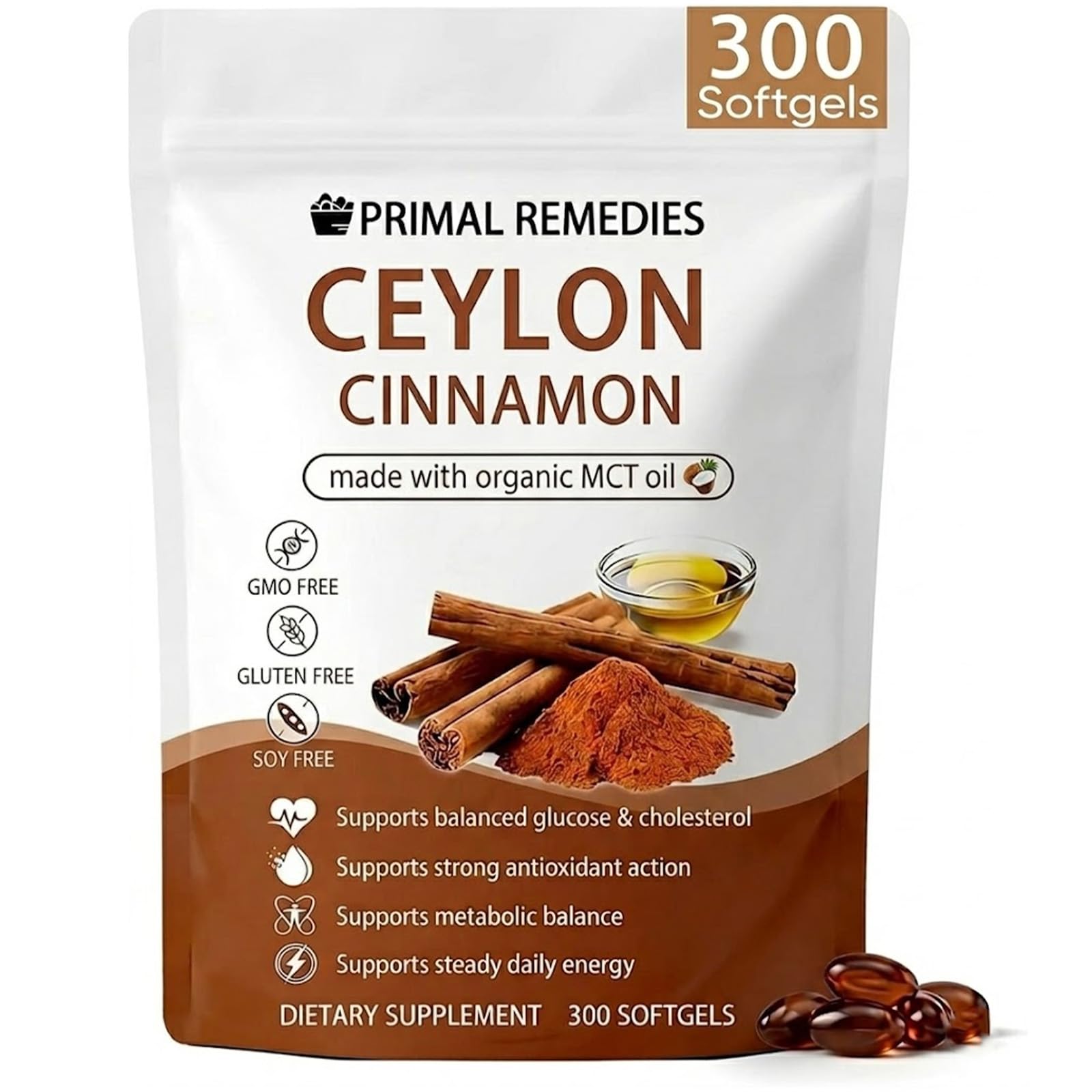 PynkLily Primal Remedies Ceylon Cinnamon Capsules with MCT Oil, 300 Capsules