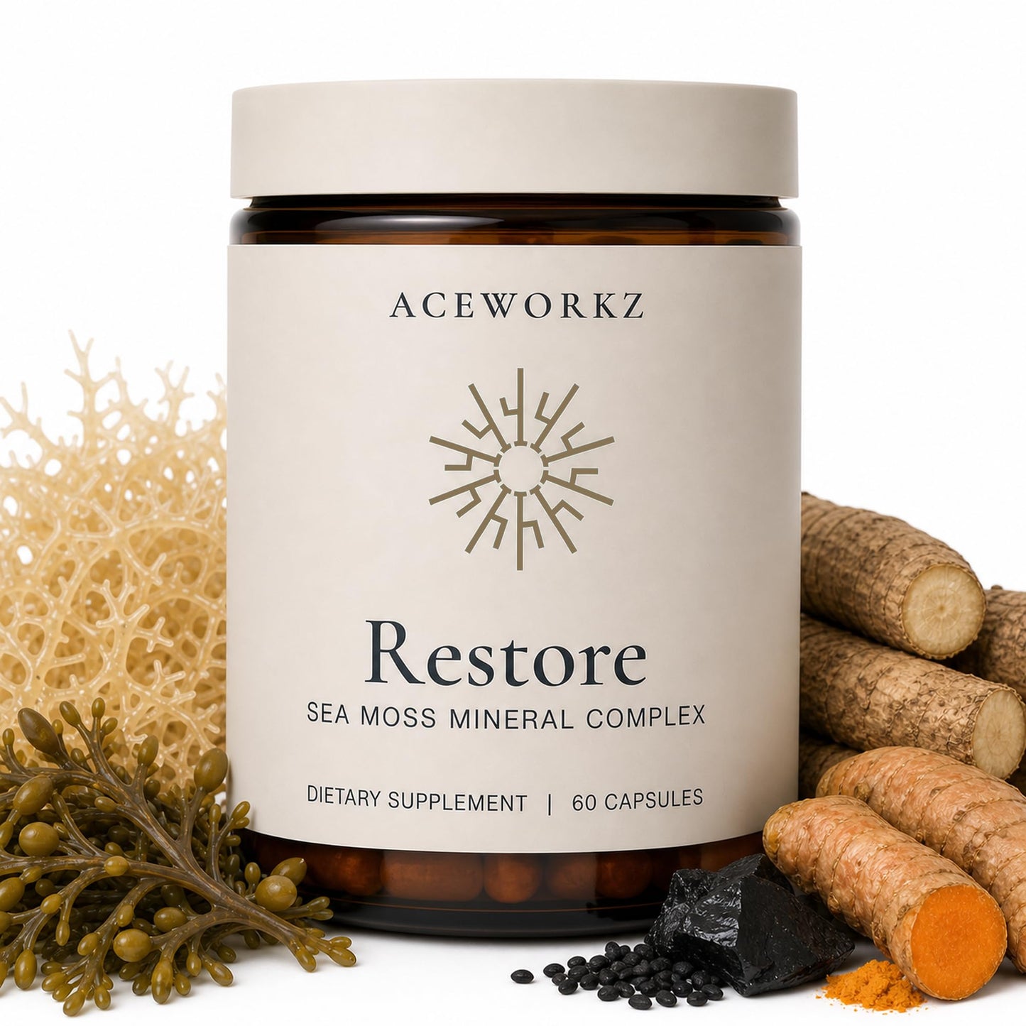 ACEWORKZ Restore Organic Sea Moss Mineral Complex – Daily Mineral Support with Black Seed Oil, Bladderwrack, Burdock, Ashwagandha, Turmeric, ACV & Shilajit – BioPerine Enhanced Absorption, 60 Capsules