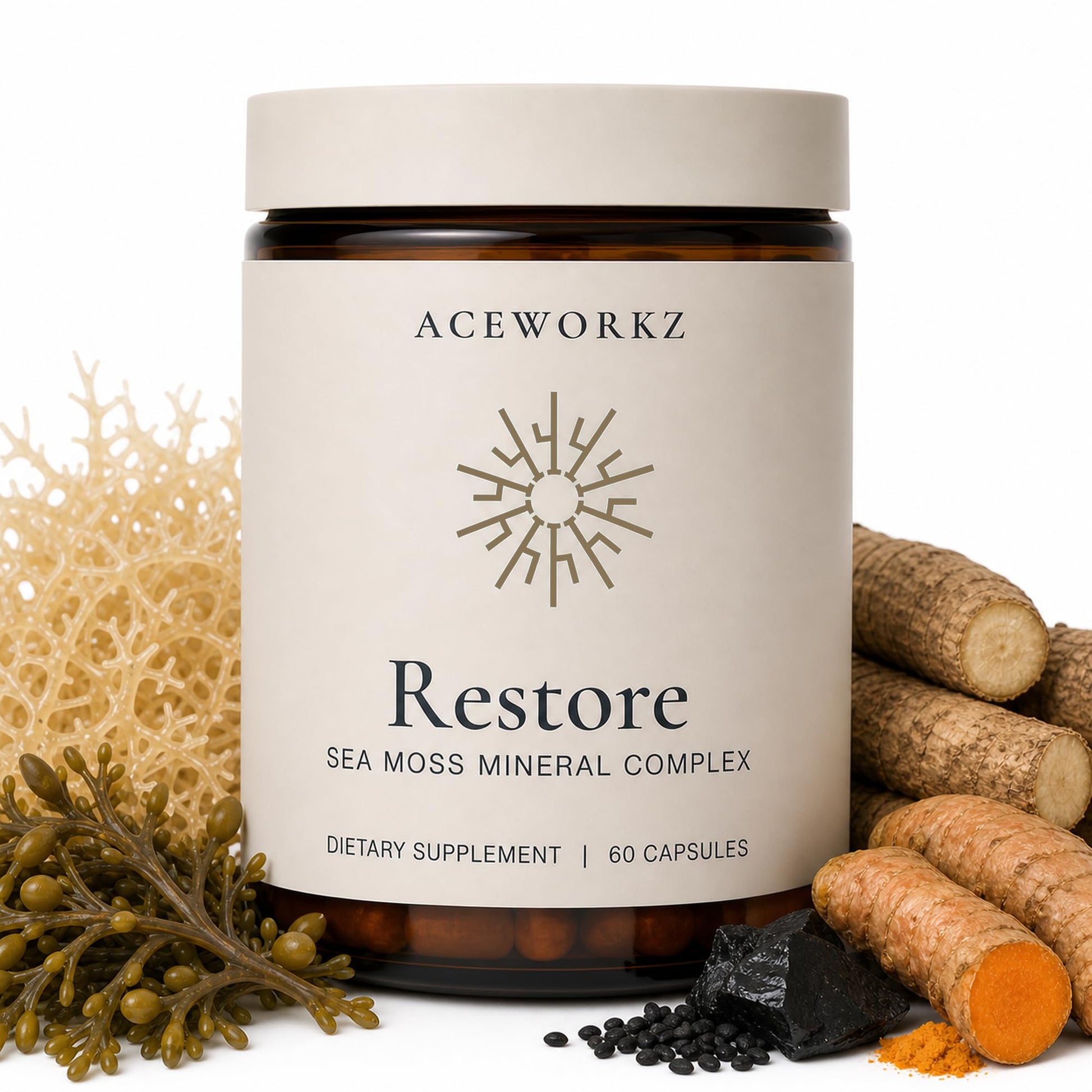 ACEWORKZ Restore Organic Sea Moss Mineral Complex – Daily Mineral Support with Black Seed Oil, Bladderwrack, Burdock, Ashwagandha, Turmeric, ACV & Shilajit – BioPerine Enhanced Absorption, 60 Capsules