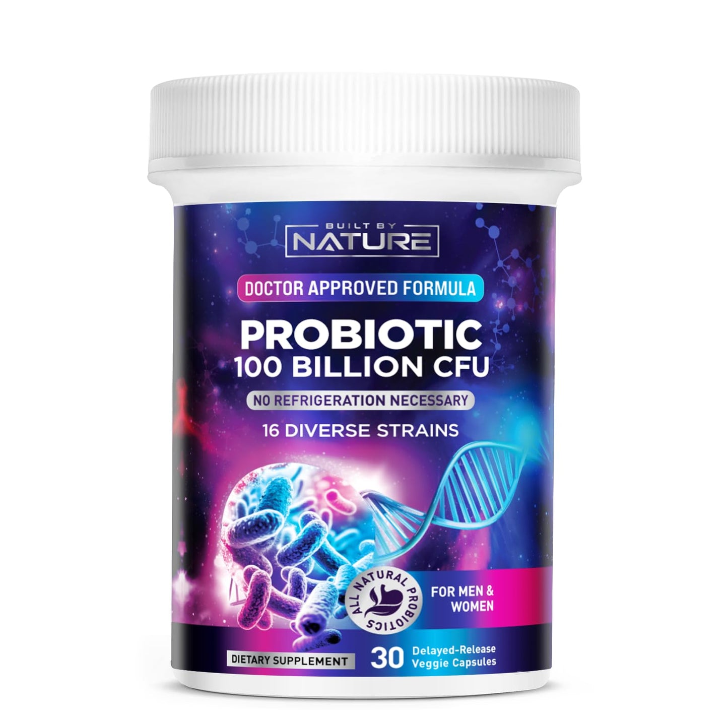 Built by Nature 100 Billion CFU Probiotic – 16 Strains + Prebiotics – Immune & Digestive Support – Delayed Release Capsules, Shelf Stable – 1 Month Supply, 30 Capsules