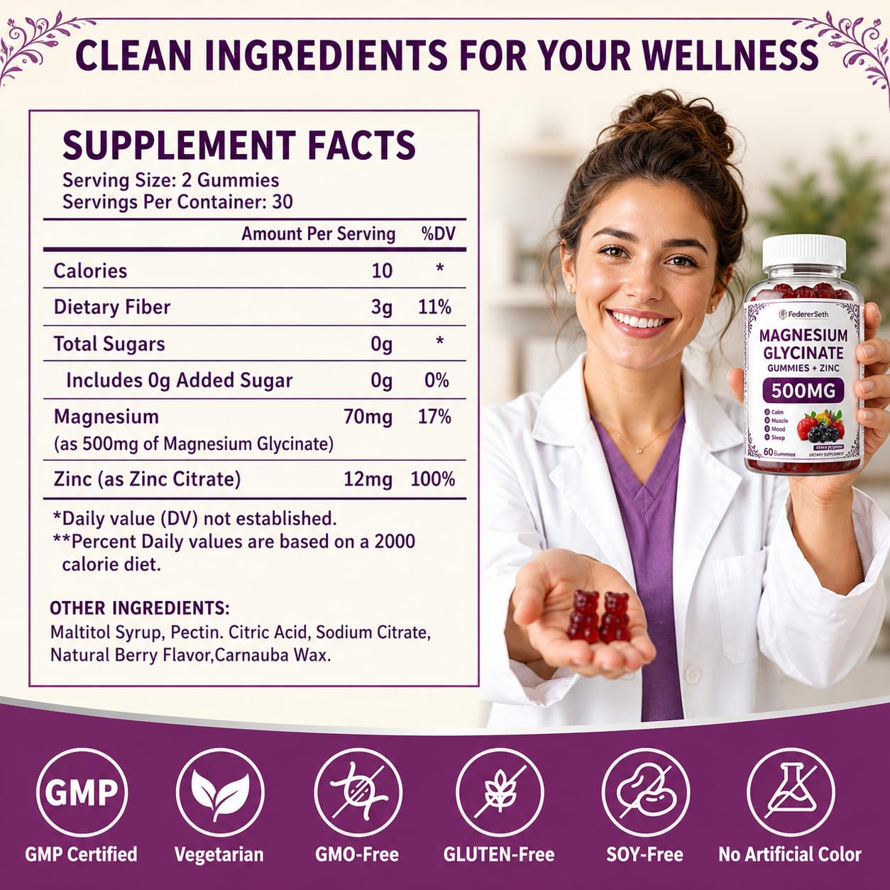 FedererSeth Magnesium Glycinate Gummies 500mg with Zinc for Women & Men, Supports Calm, Muscle Relaxation & Daily Stress Relief, High Absorption Chelated Magnesium, Zero Added Sugar, 120 Gummies