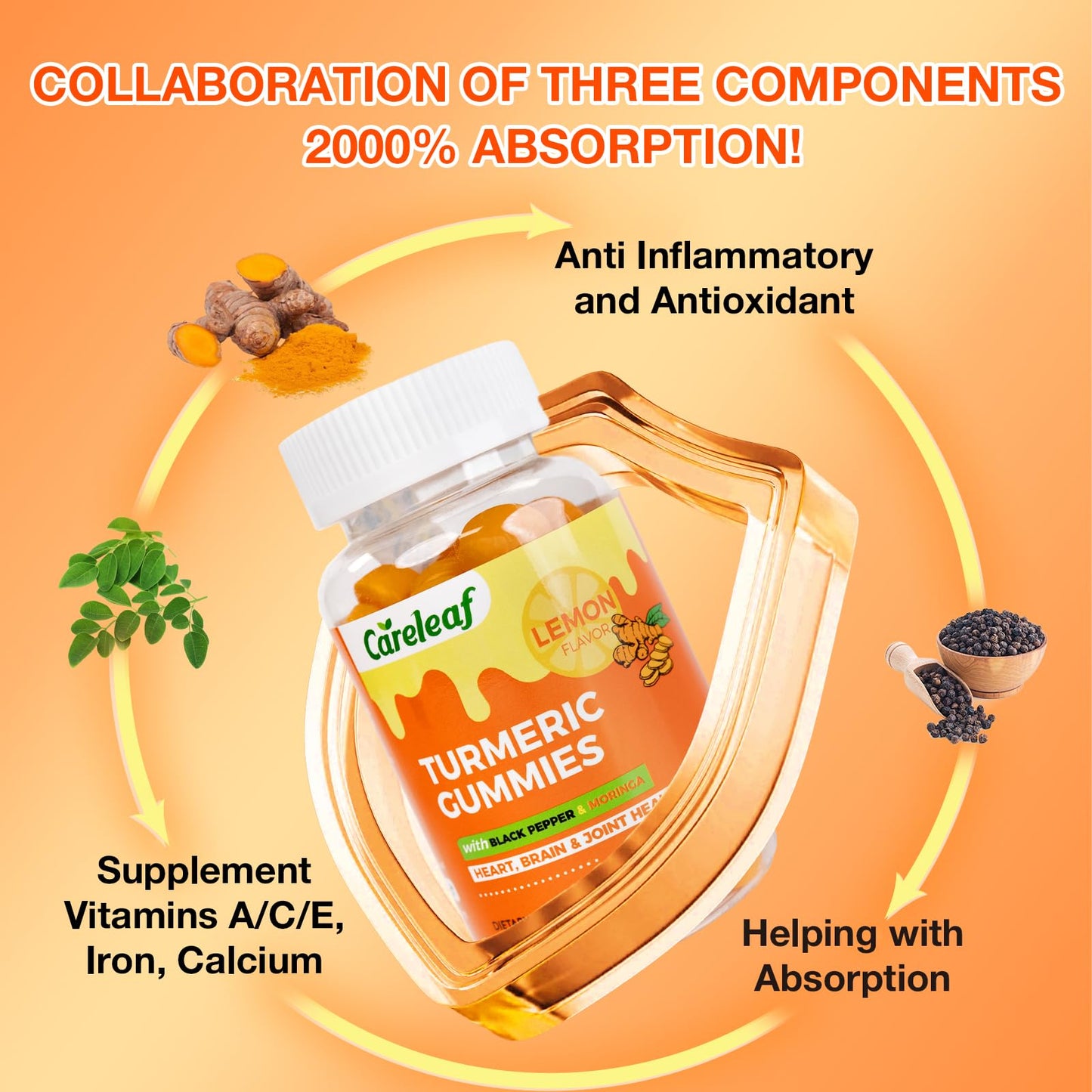 careleaf Turmeric Gummies with Black Pepper & Moringa Extract Gummy 60 Count