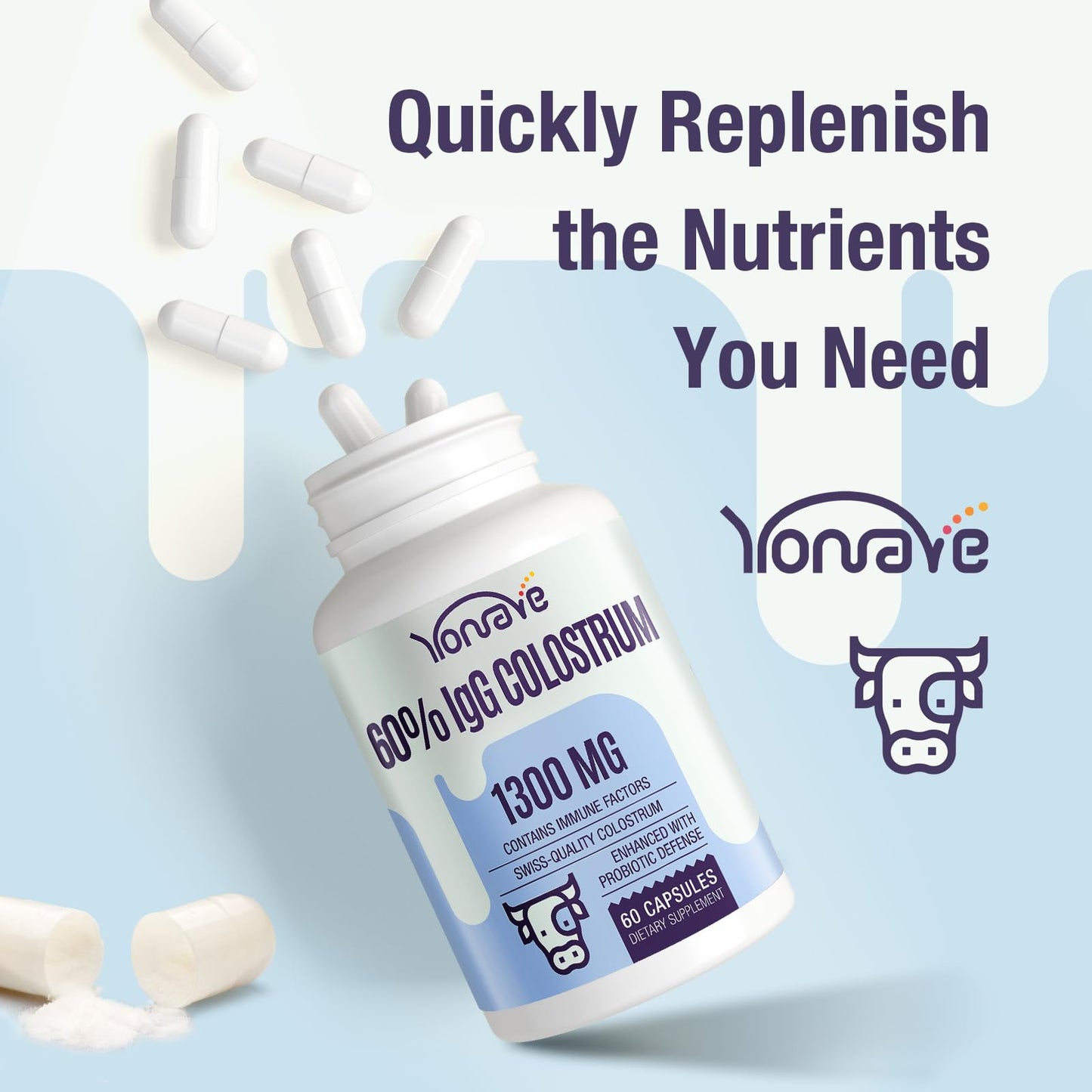 Yonrave Bovine Colostrum Capsules 1300mg (60% IgG), 120 Capsules