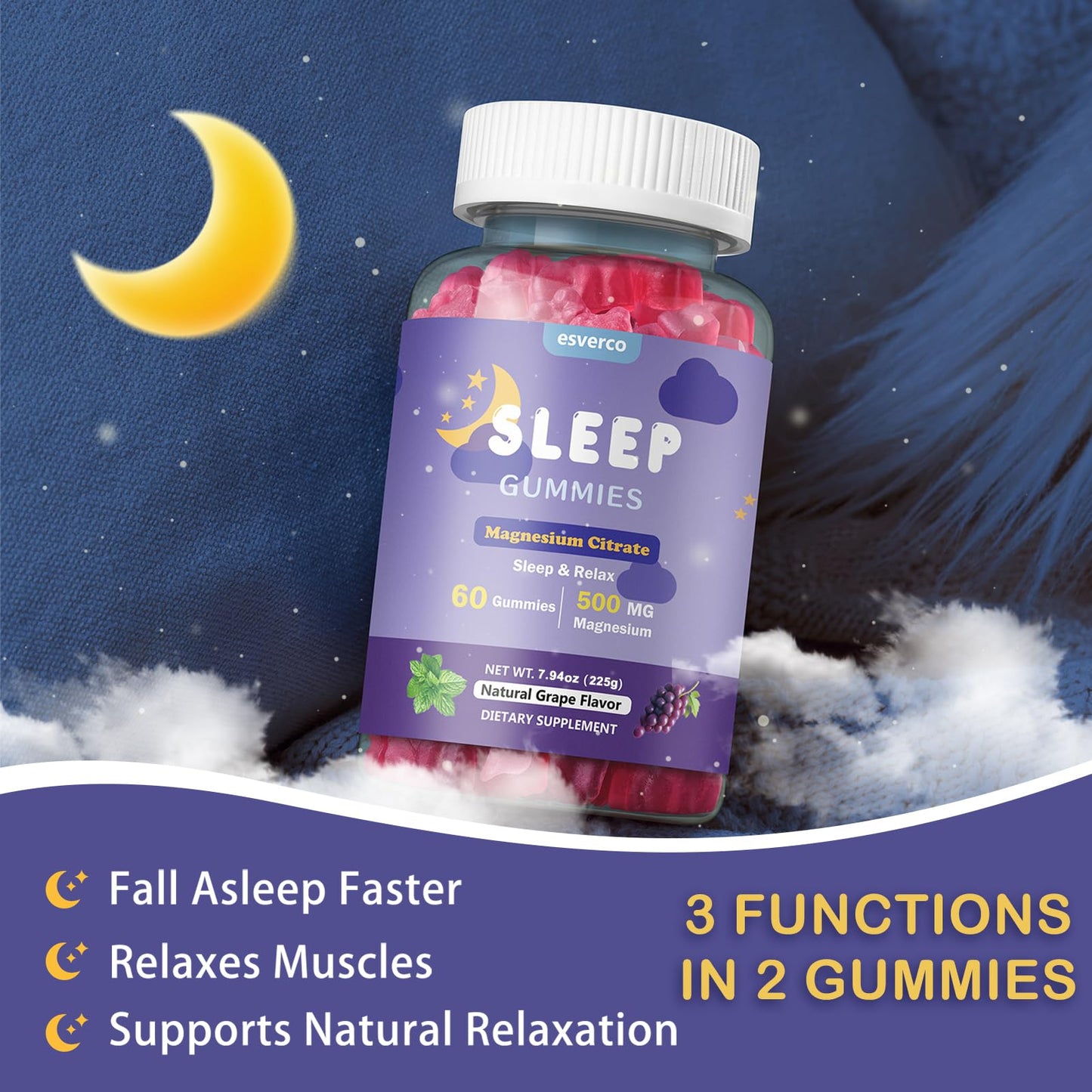 esverco Magnesium Gummies 500mg Magnesium Citrate Deep Sleep, 120 Count