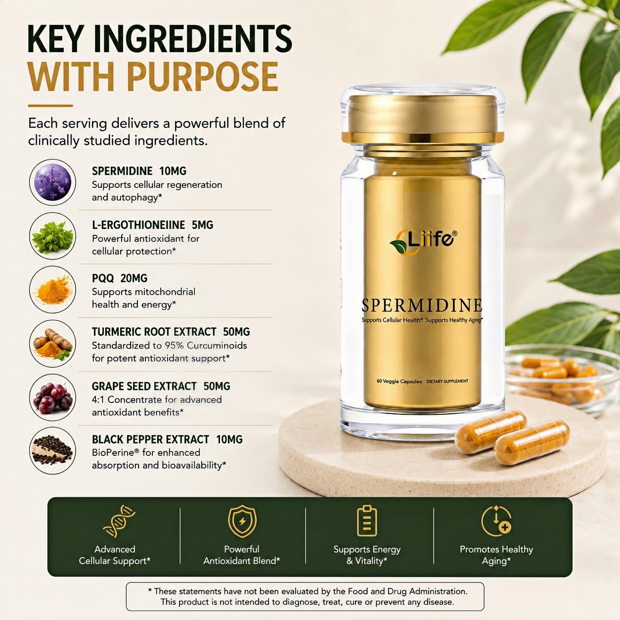 LIIFE Spermine Supplement for Women & Men (6-in-1 Formula) Capsules, 60 Count