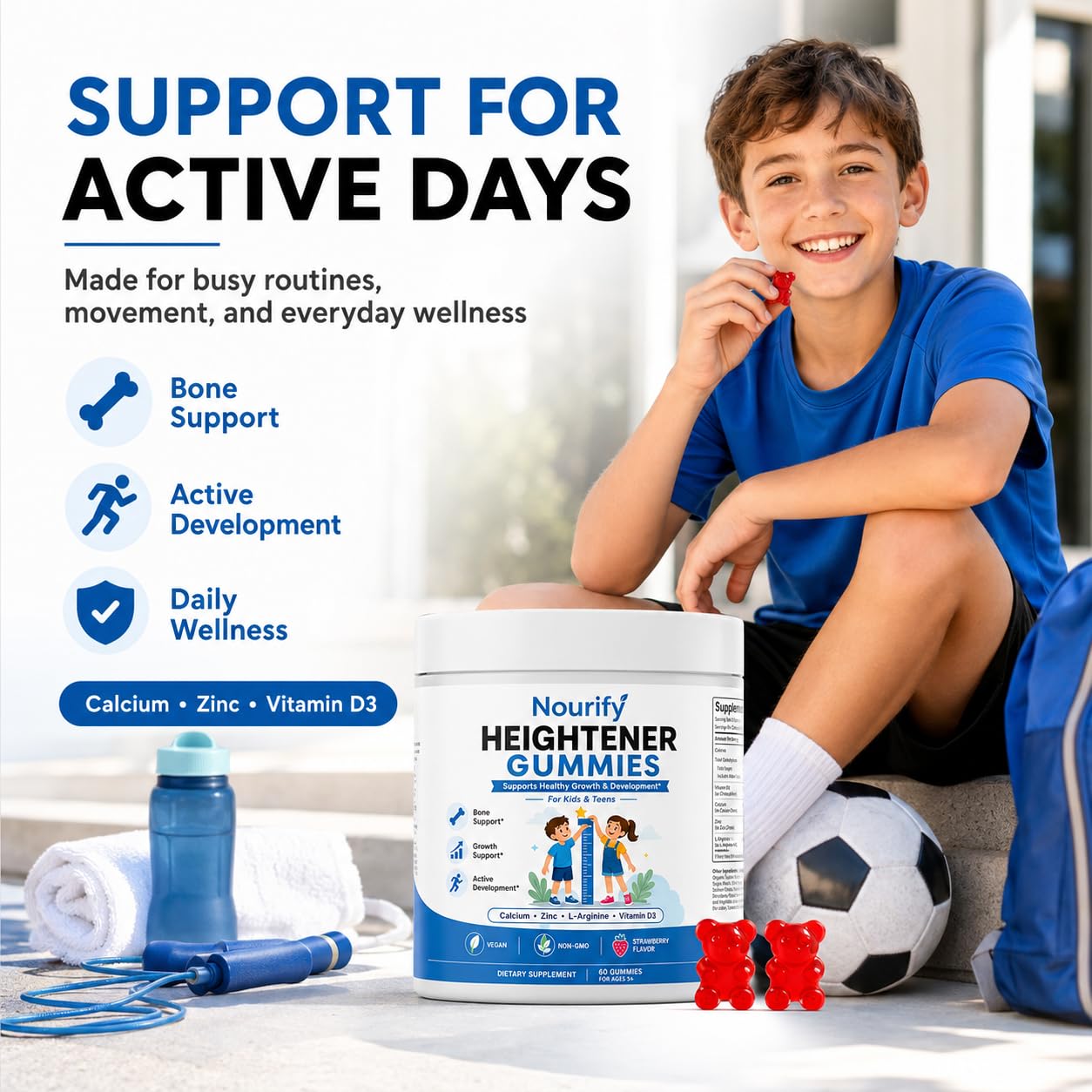 VOKIMAX Nourify Heightener Daily Multivitamin Gummies with Essential Vitamins & Minerals, Supports Bone Health, Energy & Overall Wellness, 60 Gummies